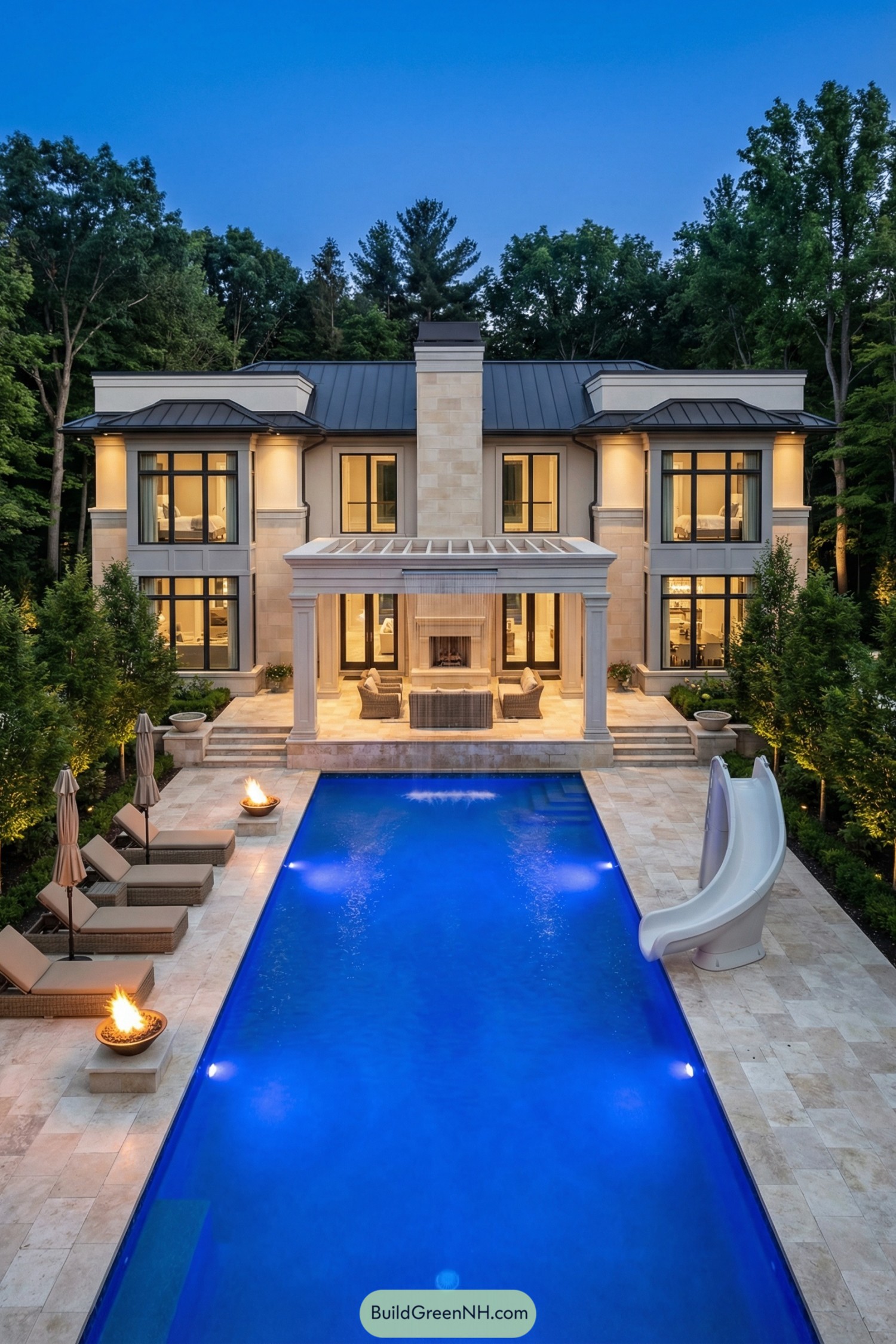 Luxury villa with long glowing pool fire bowls and slide