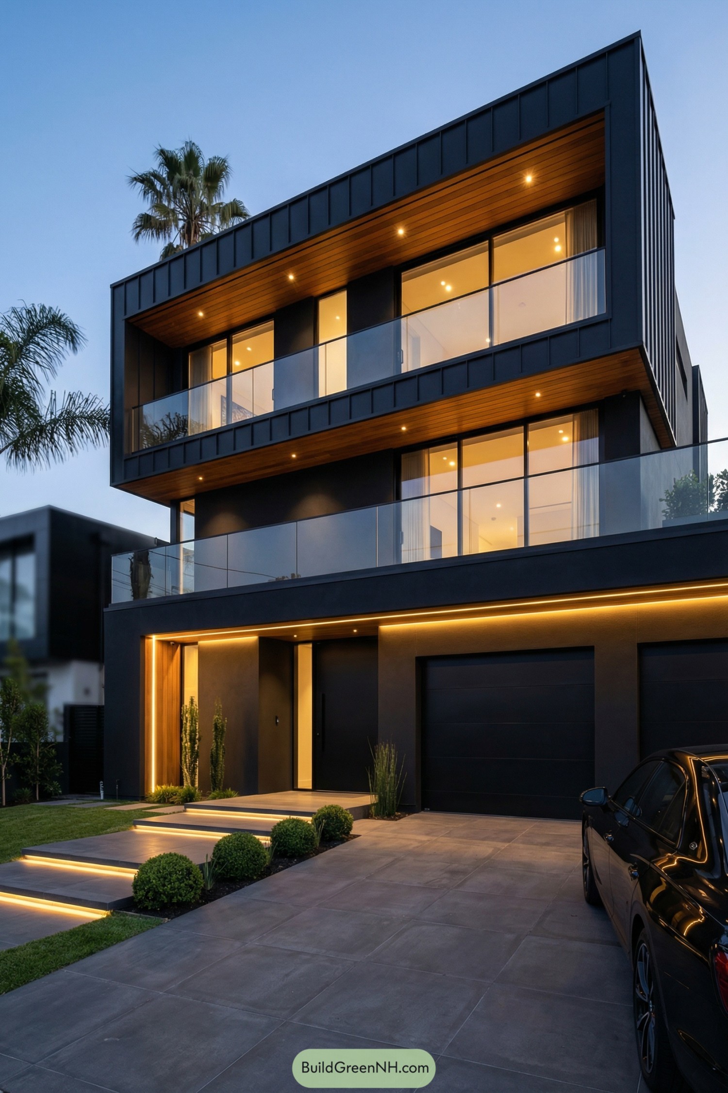 Modern three-story black house with expansive glass balconies and warm accent lighting at dusk