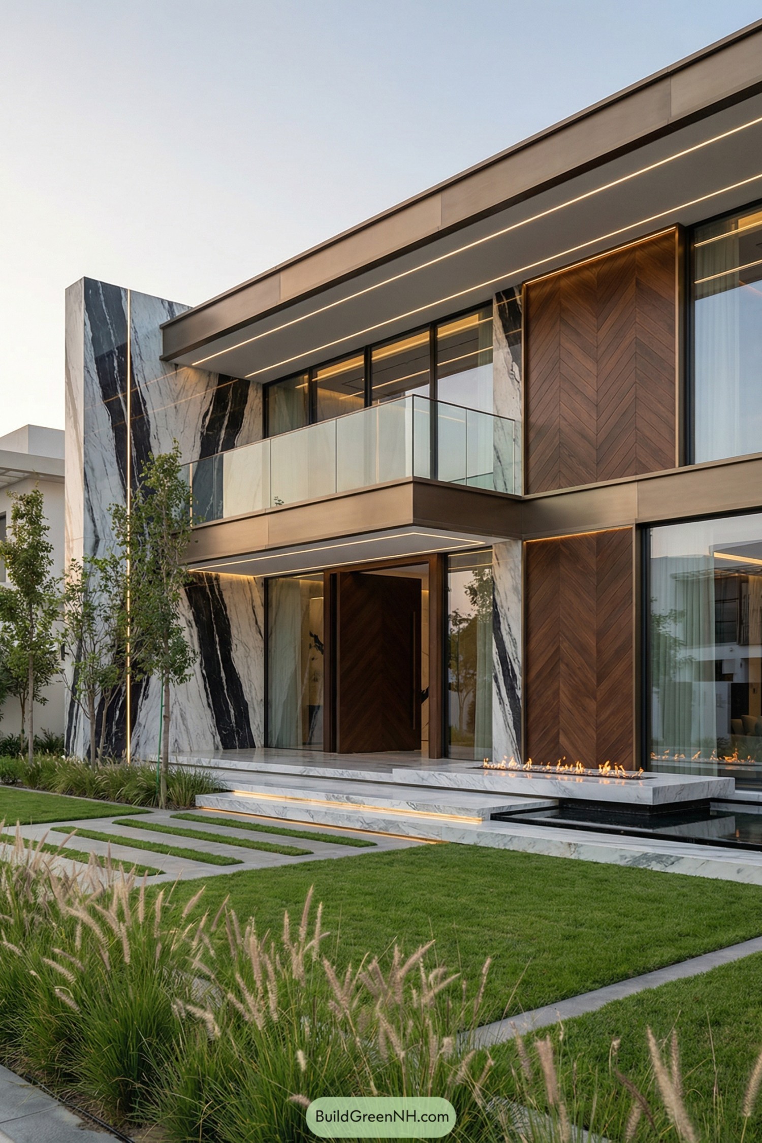 Modern luxury house with marble, wood, glass, and linear fire feature at the entry