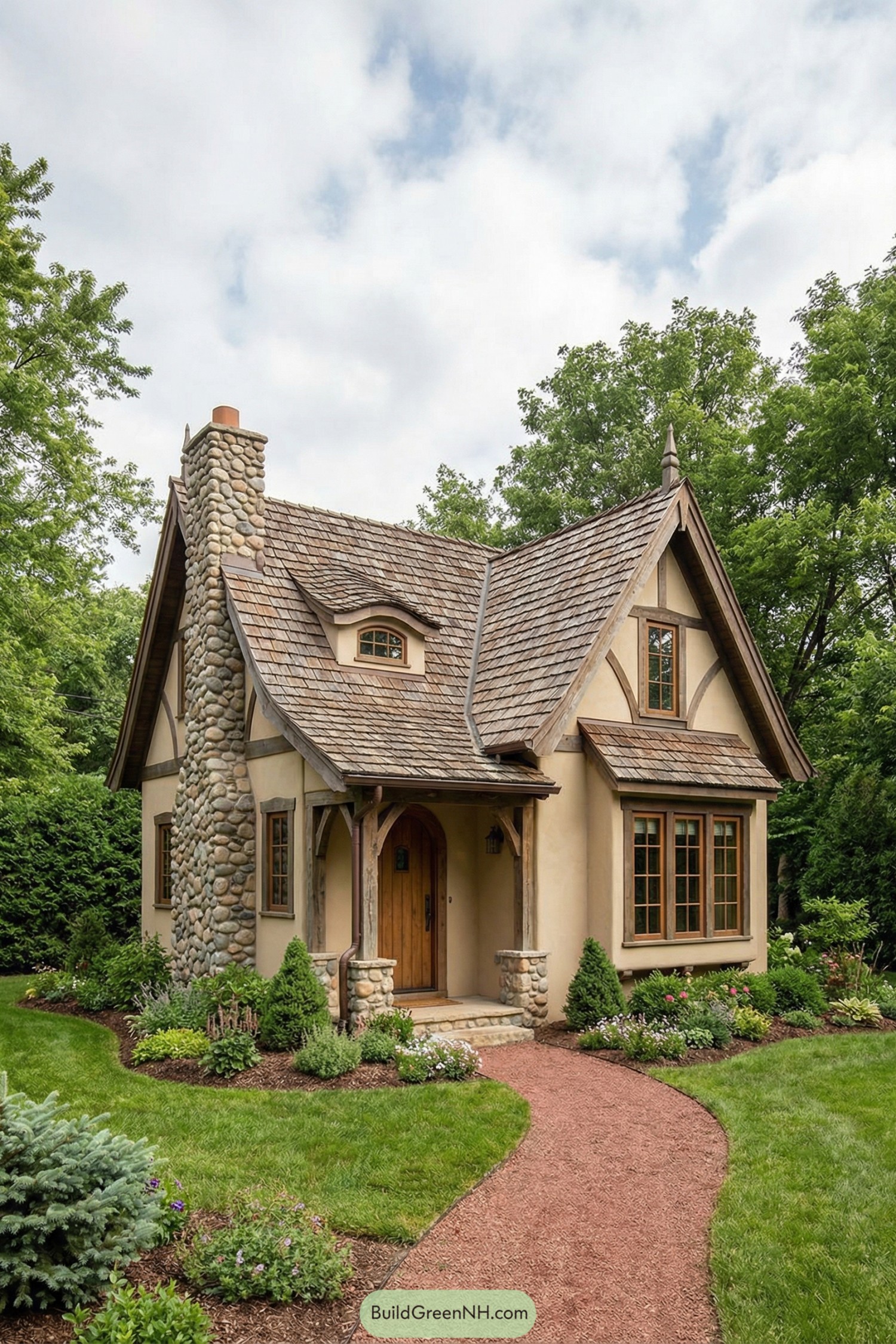 Fairytale cottage with tall stone chimney and lush garden path