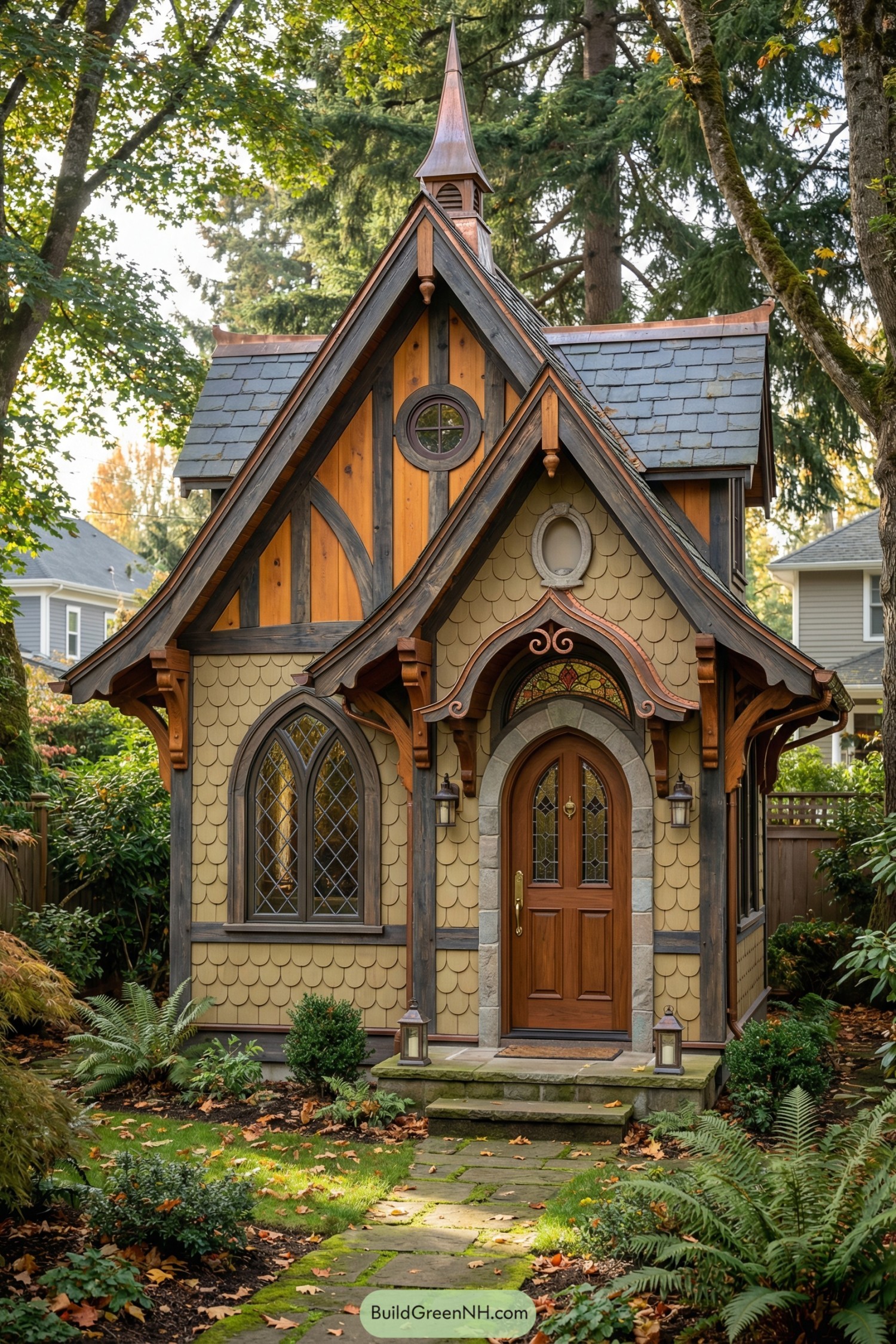 Whimsical timber tiny cottage with steep gables and spire