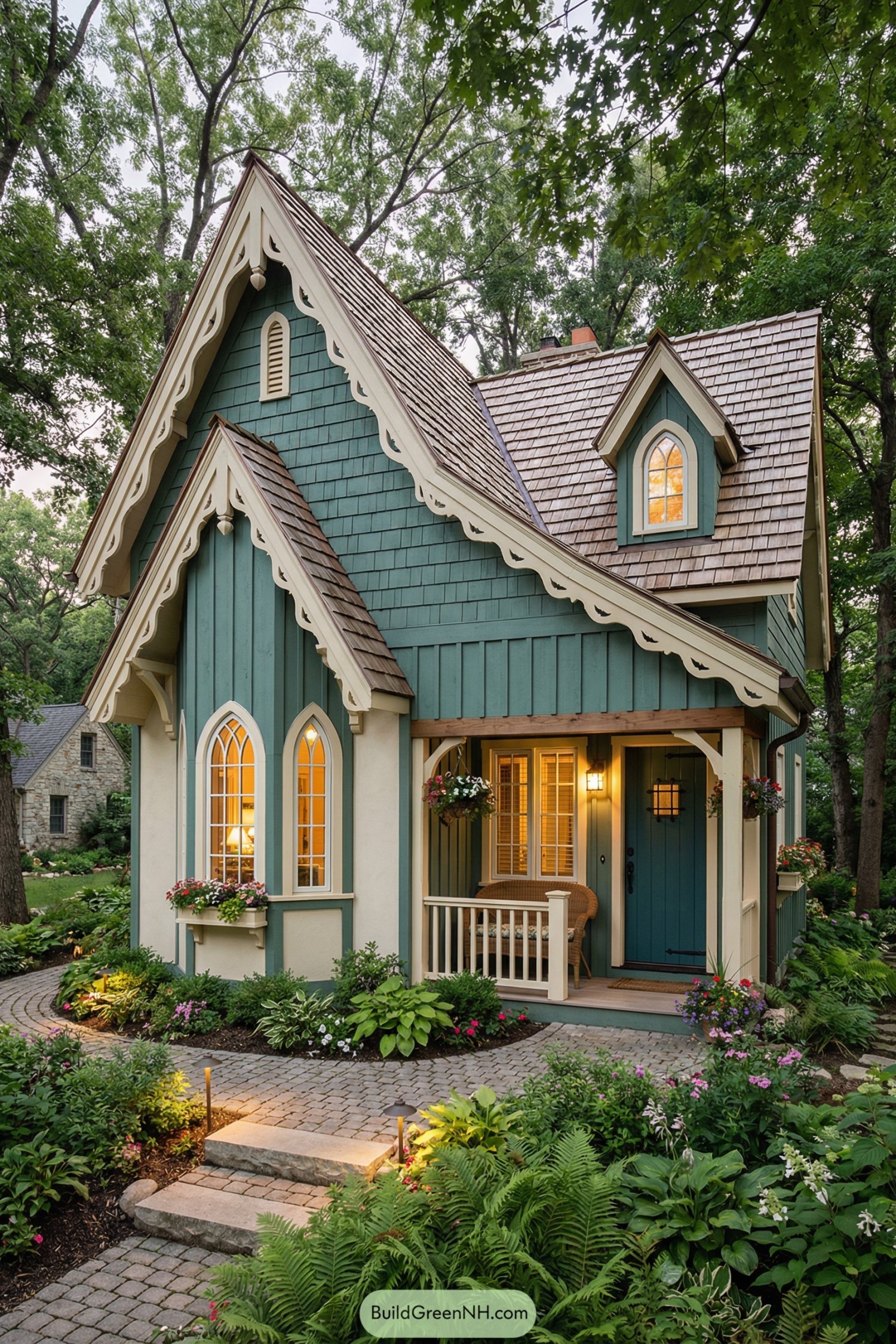 Teal fairytale cottage with steep gables, arched windows, and lush garden path