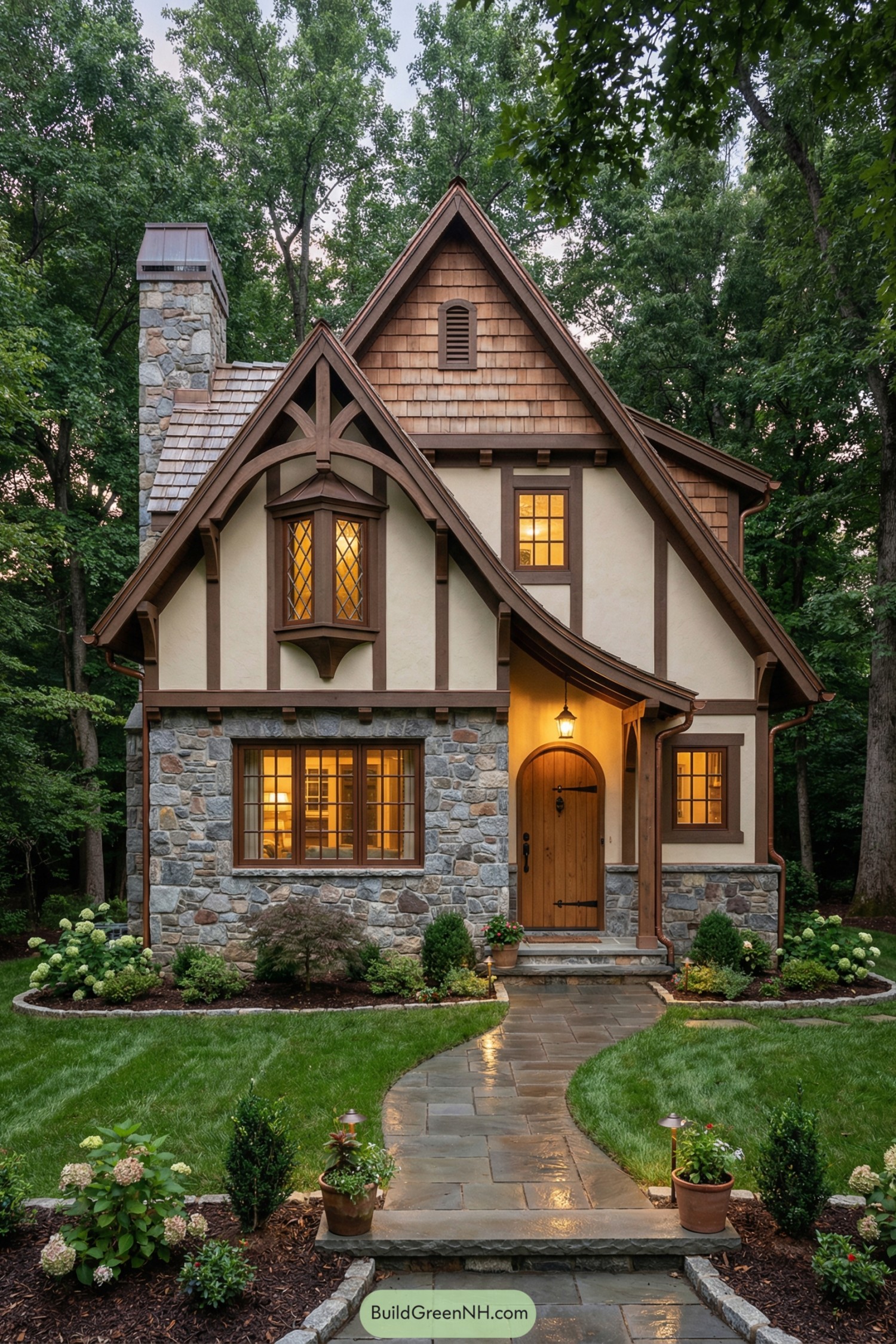 Storybook cottage with stone base and warm timber accents in a lush forest setting