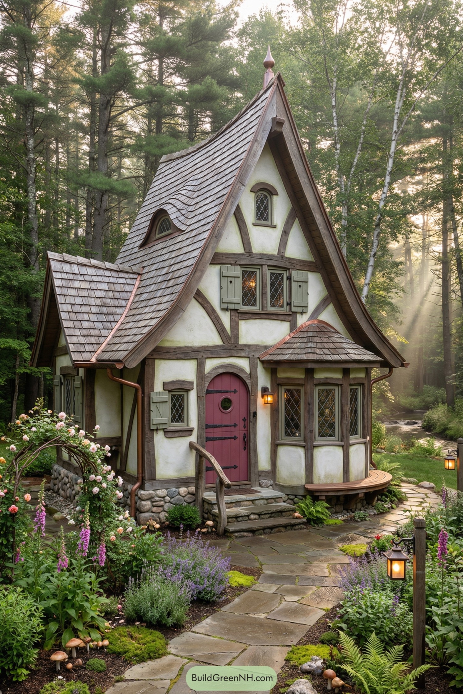 Fairytale cottage with curved roof and lush garden by a forest stream