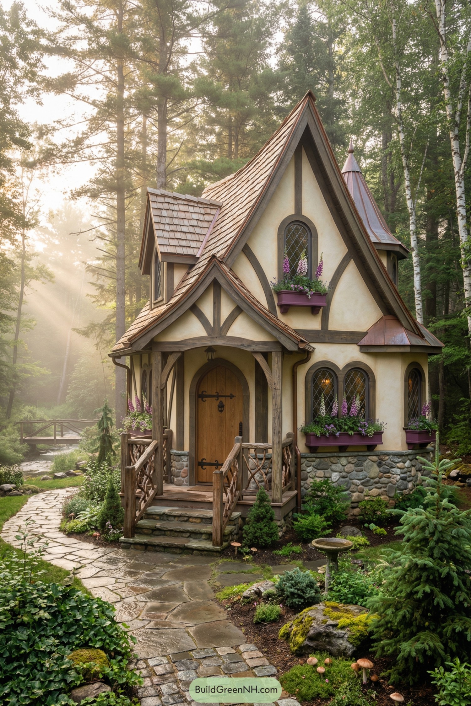 Fairytale tiny cottage with steep gables in forest