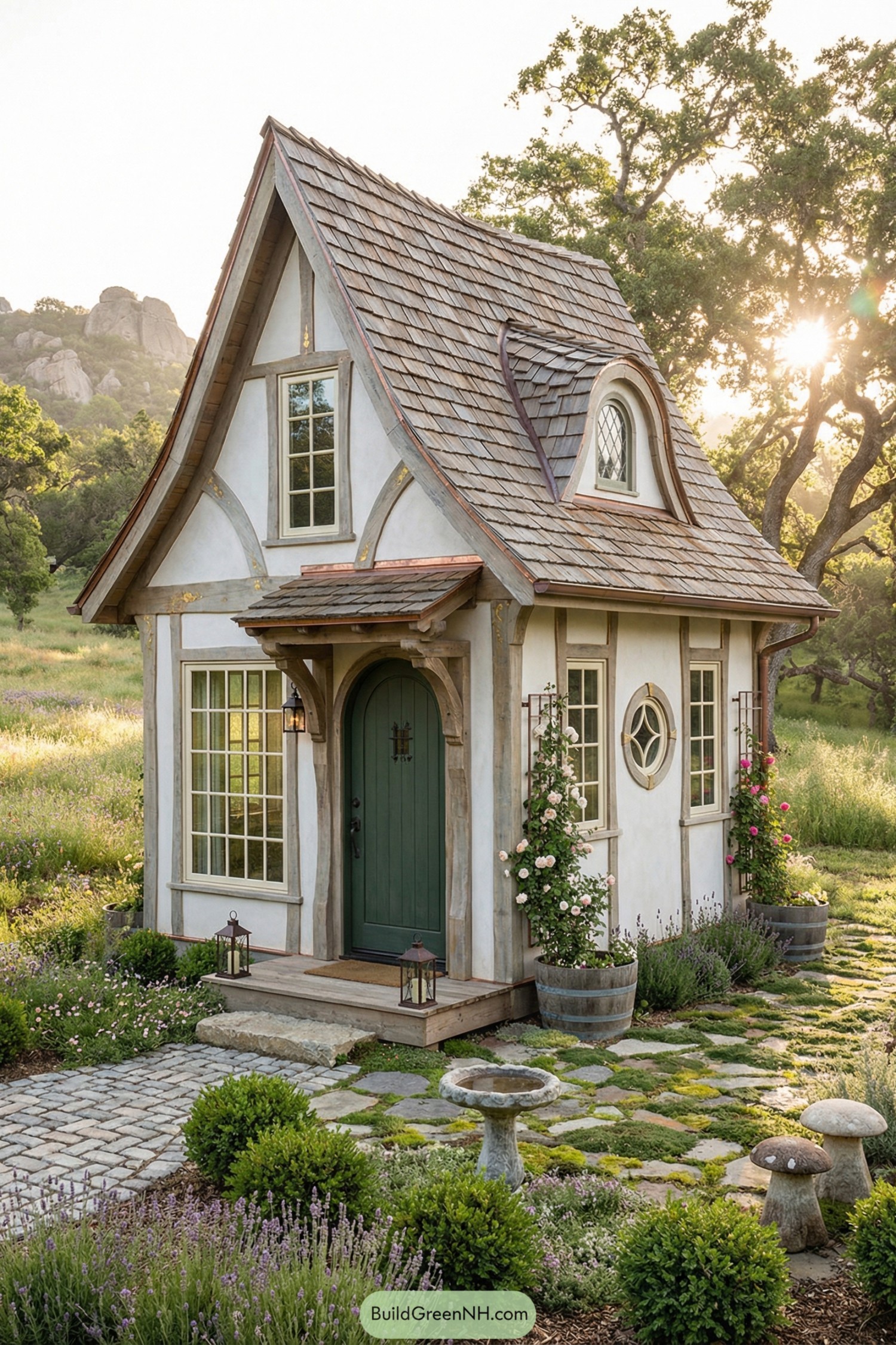 Fairytale-style tiny cottage with curved roof and lush garden