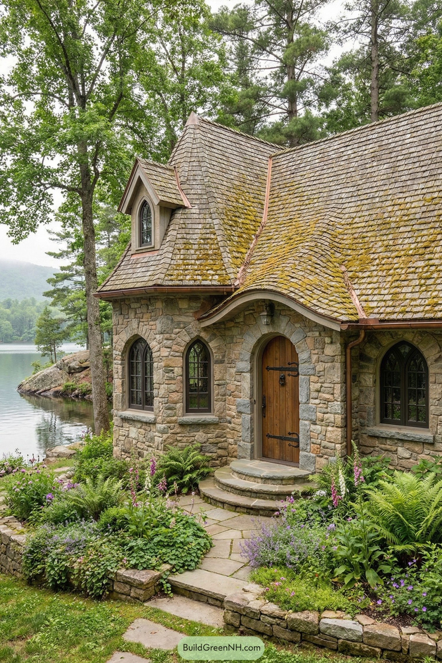 Charming stone cottage with mossy shingle roof beside a quiet lakeshore