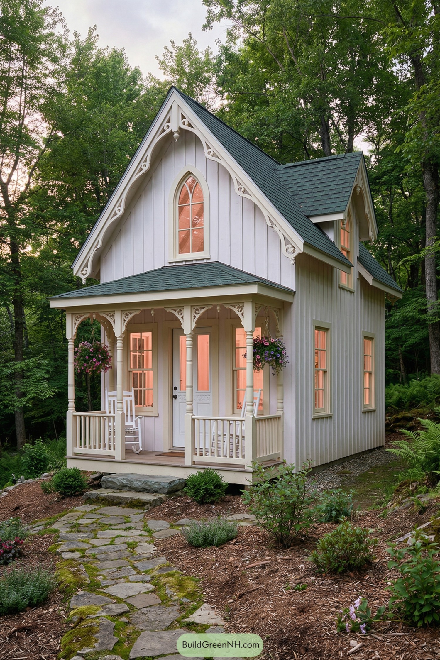 Small white storybook cottage with front porch and glowing windows set in a woodland garden