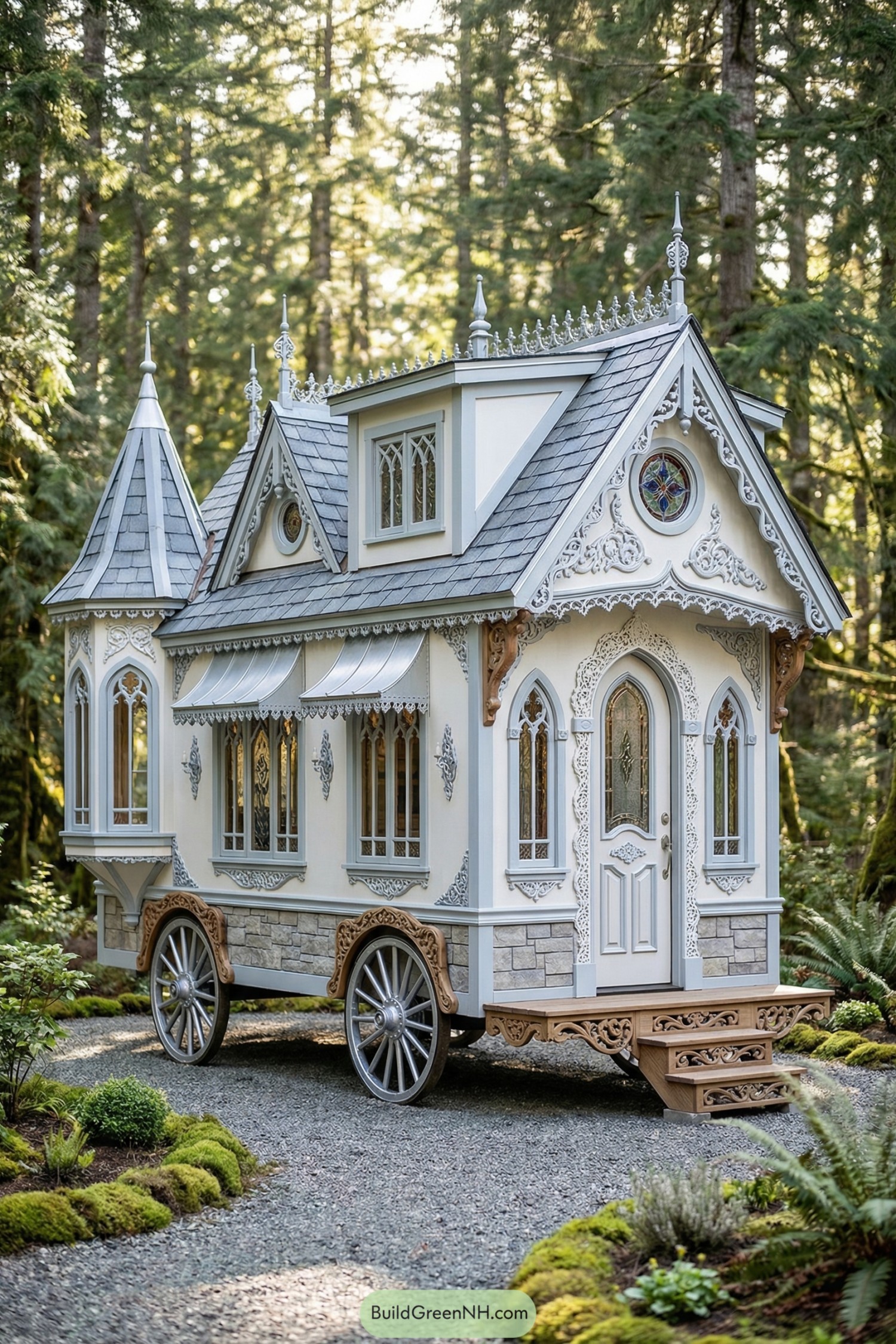 Ornate tiny house on carriage wheels in a forest
