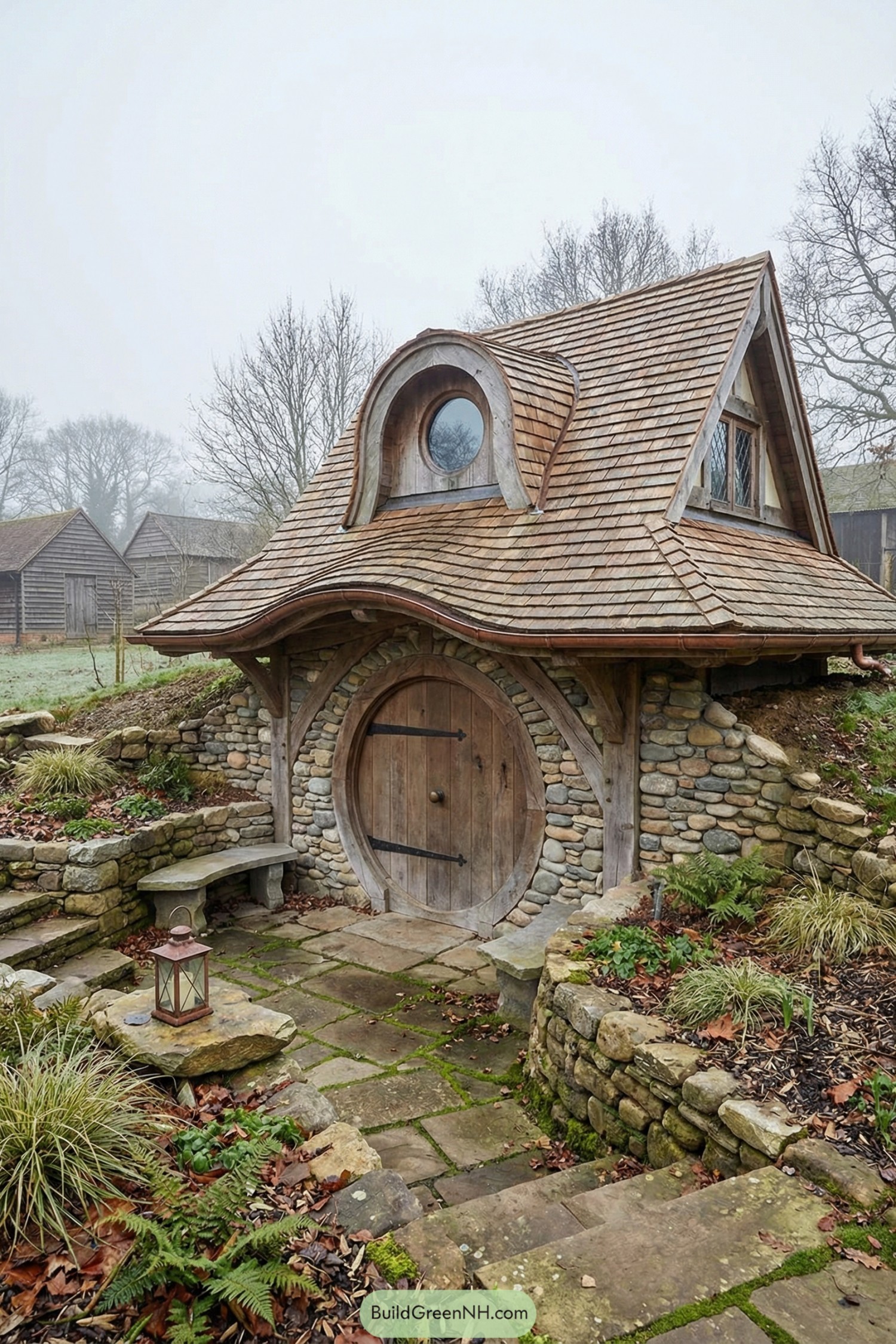 Tiny round-door stone cottage with curved shingle roof tucked into a mossy hillside