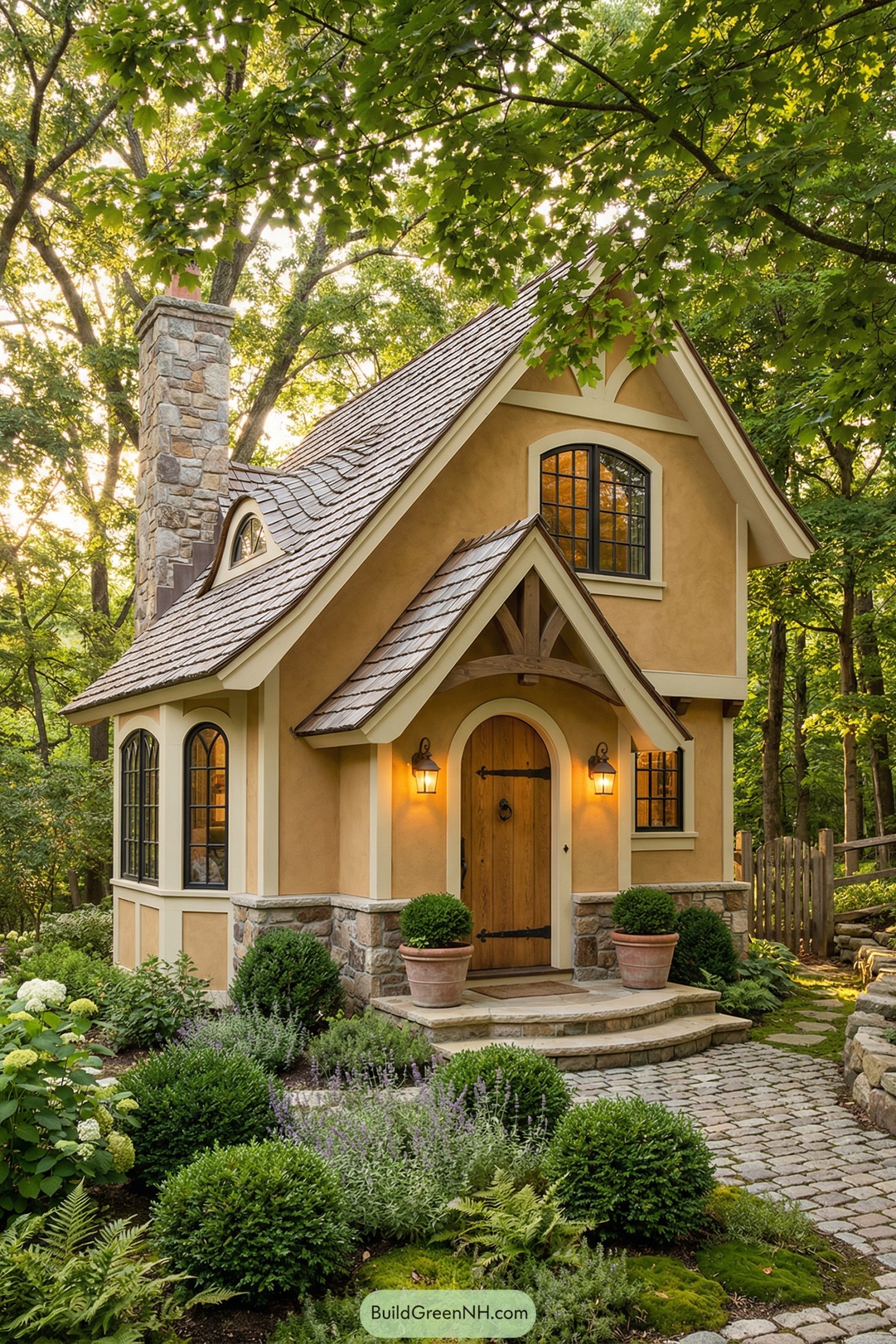 Fairytale-style tiny cottage with stone chimney and lush landscaped garden