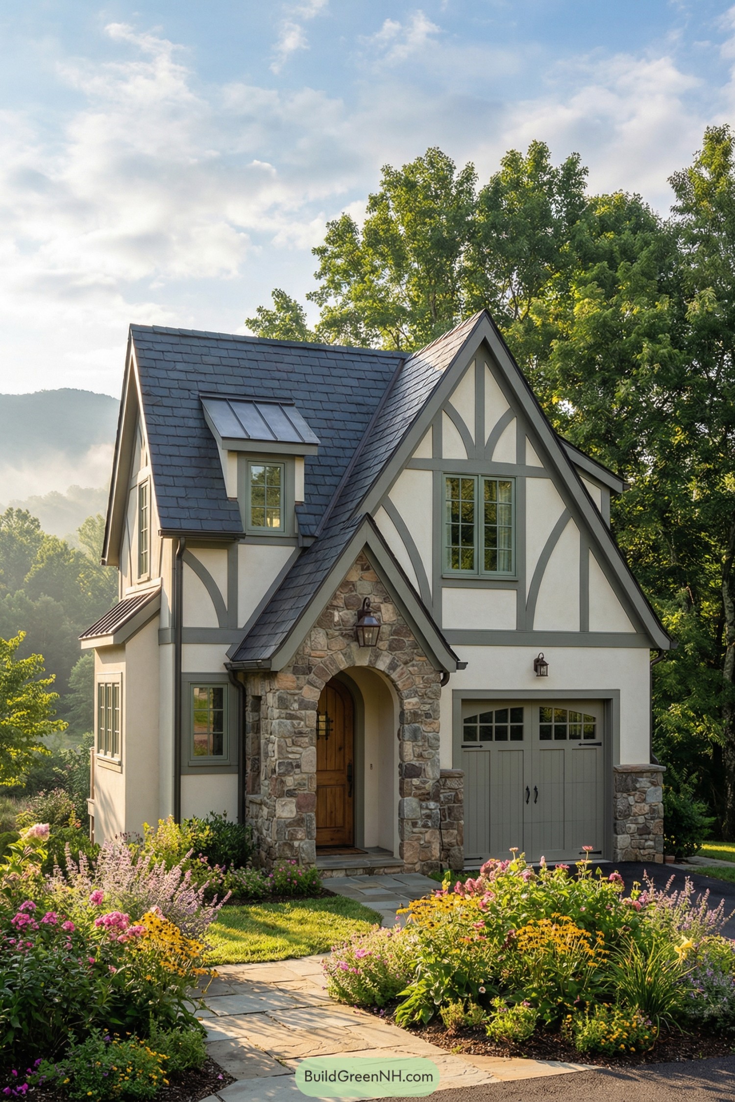Small Tudor-style cottage with stone entry and lush flower garden