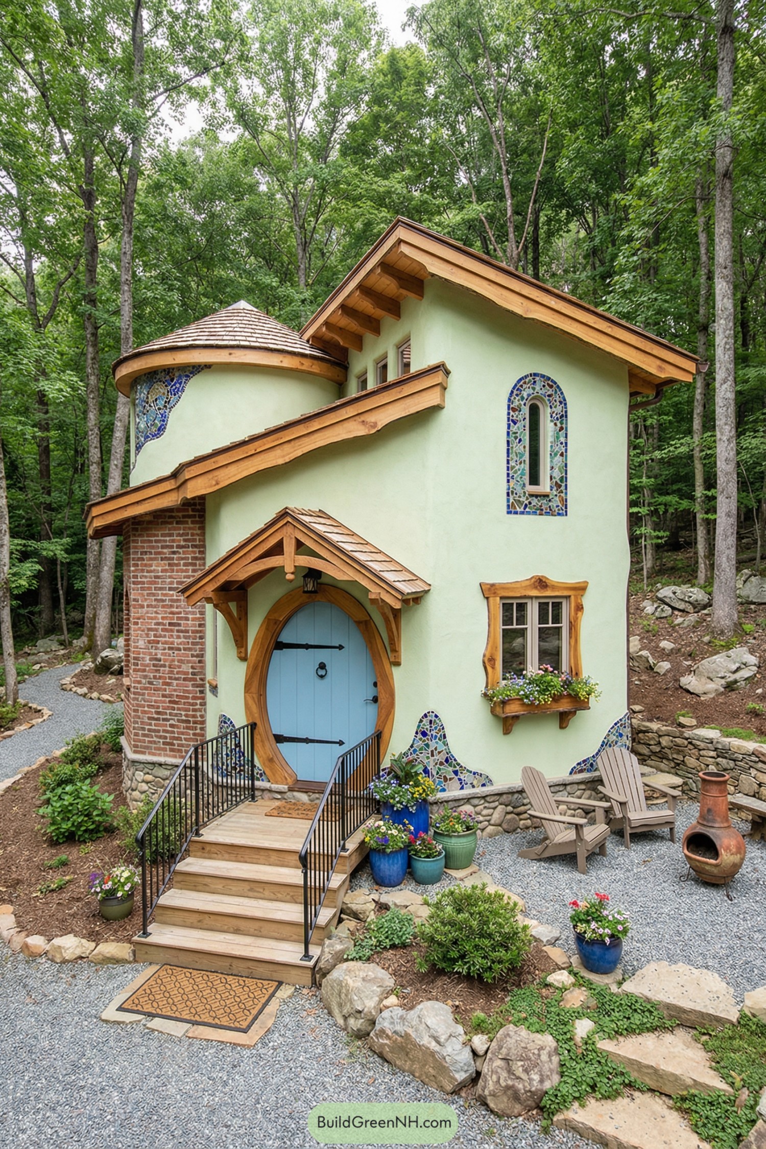 Whimsical tiny house with round blue door, brick turret, and colorful mosaics in a wooded setting