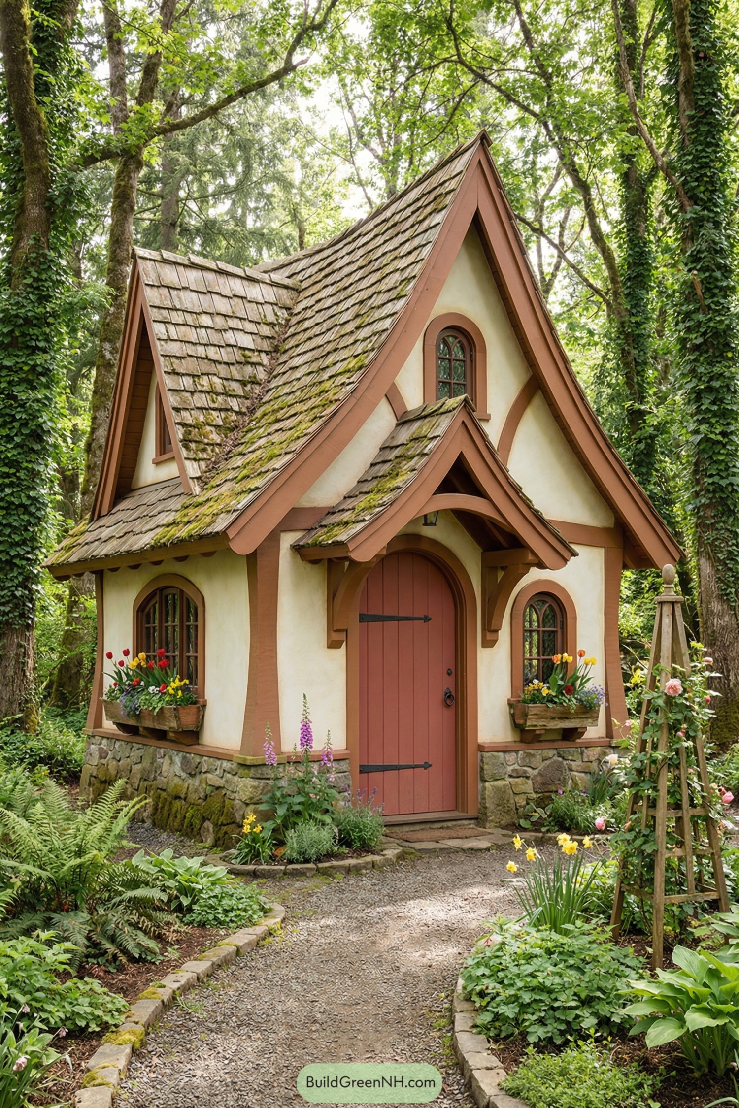 Tiny fairytale cottage with curved shingle roof and flower garden