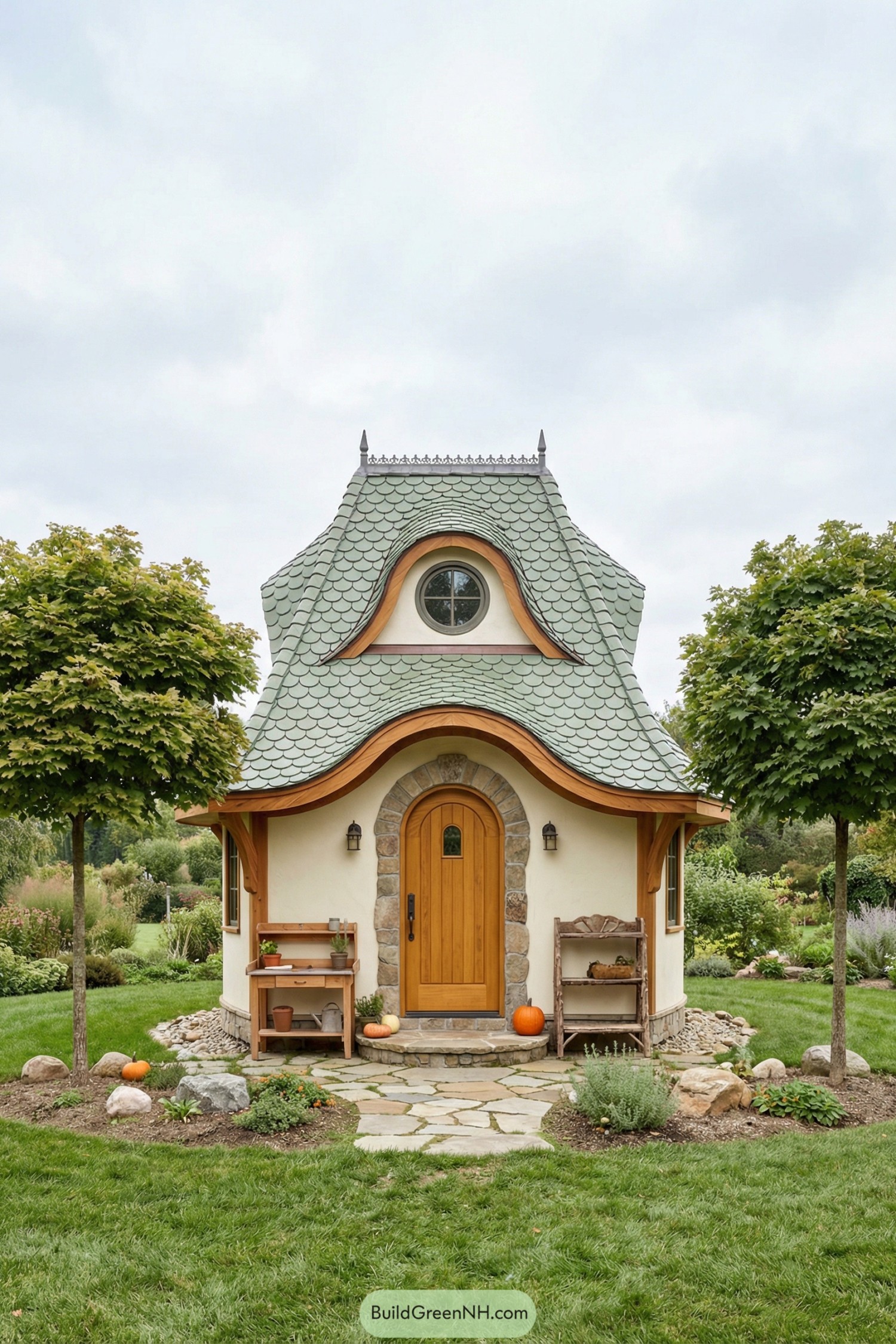 Tiny fairytale cottage with curved green roof in lush garden