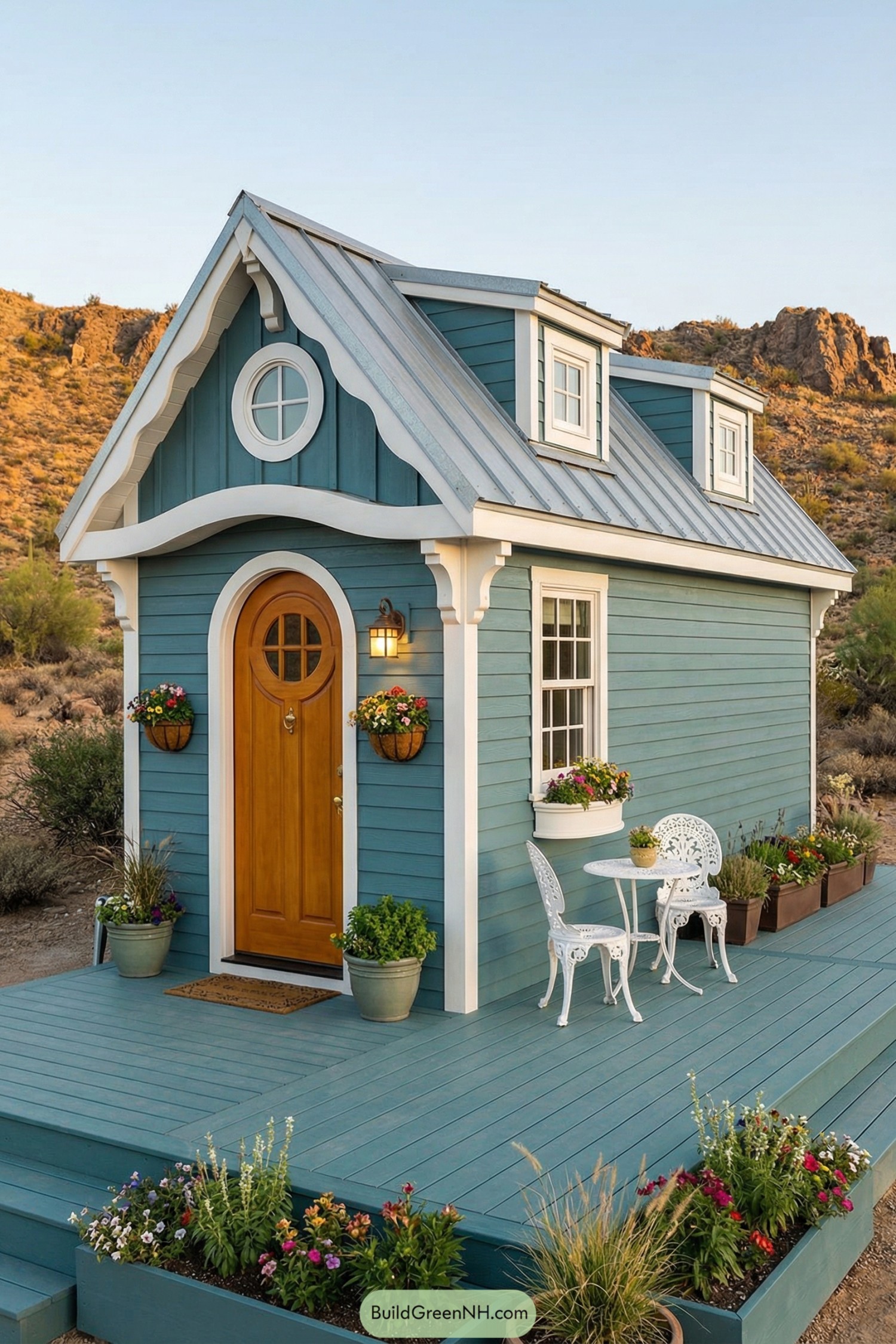 Blue tiny house with white trim and front deck in a desert landscape