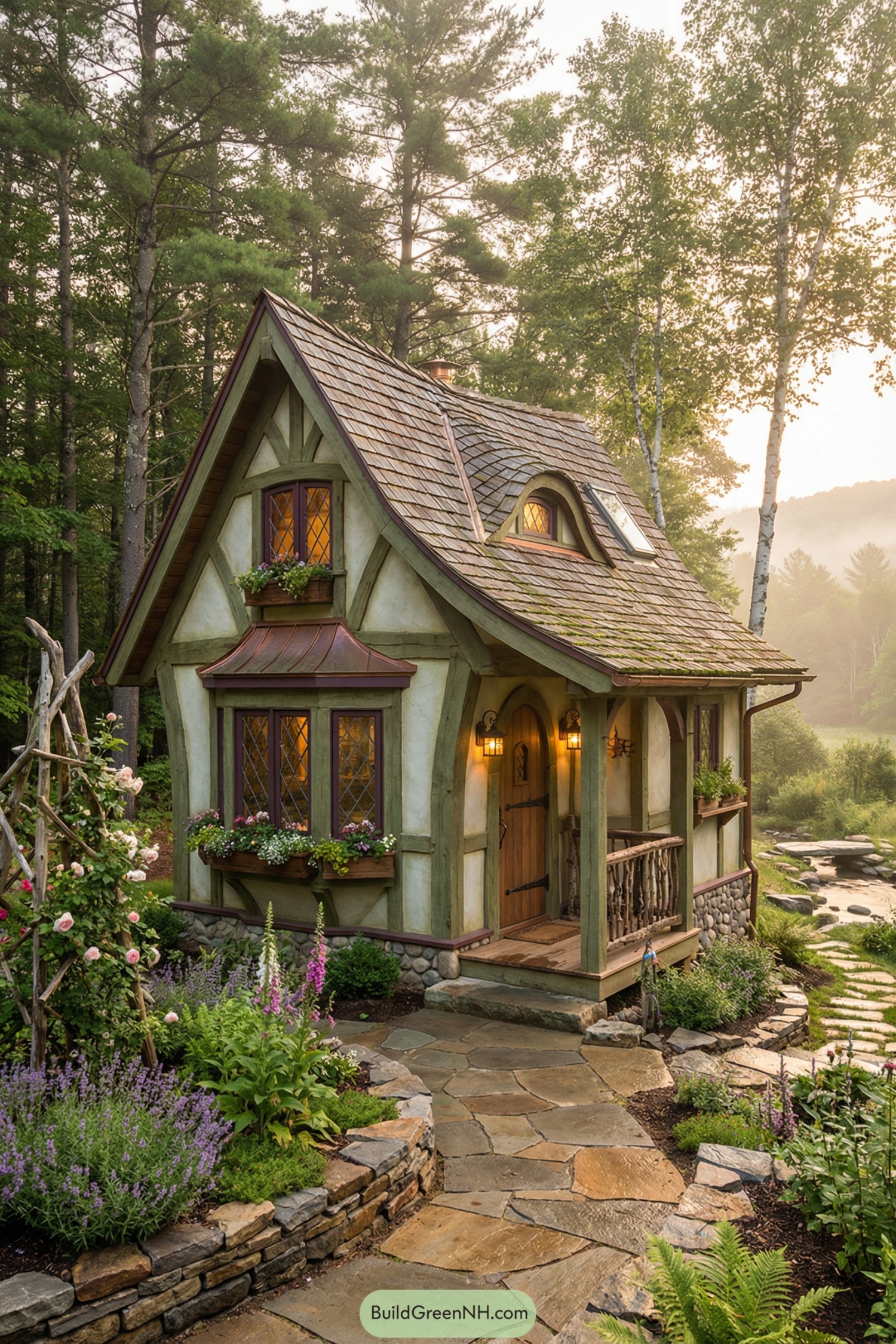 Whimsical timber tiny house with curved roof and lush flower garden