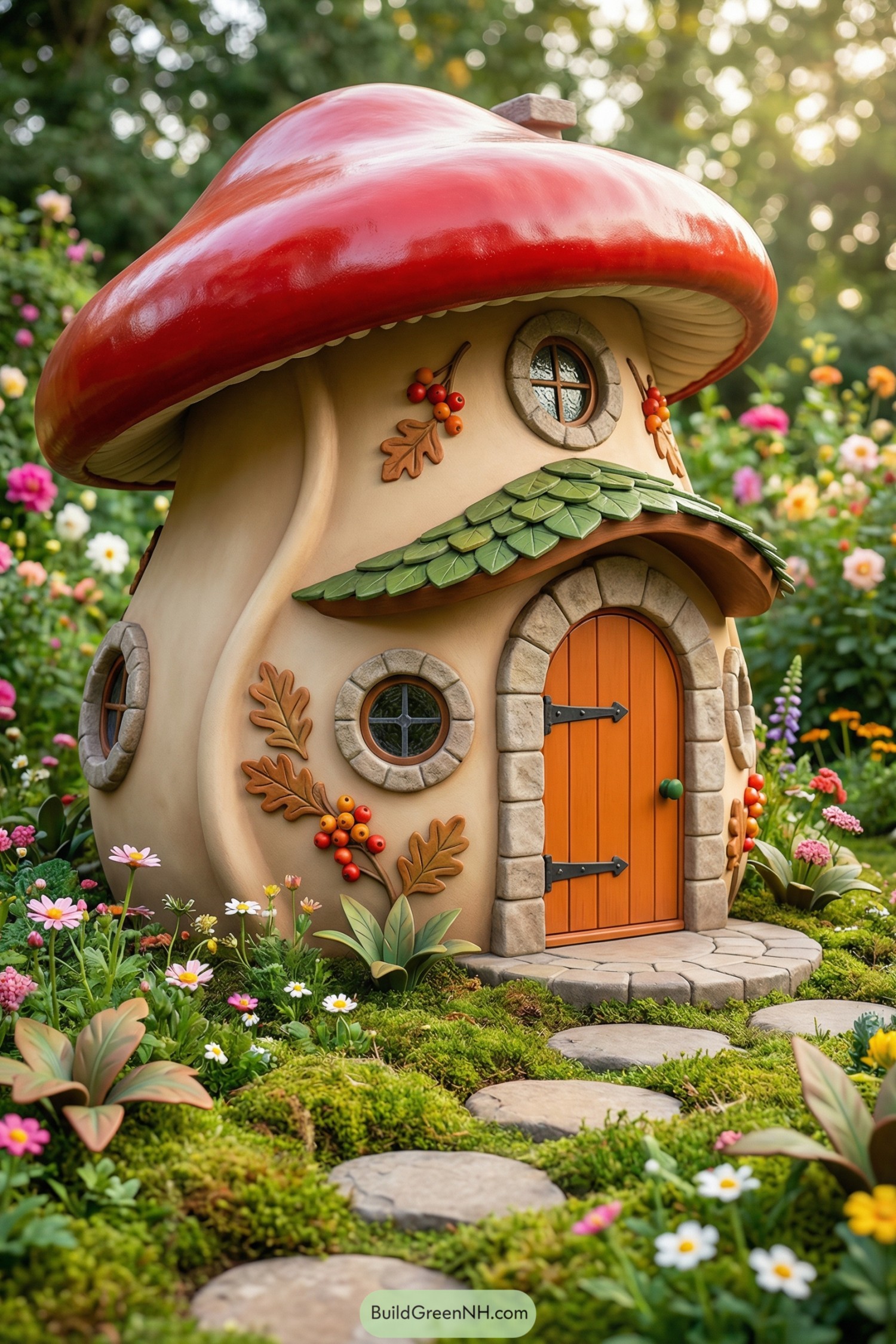 Whimsical mushroom-shaped tiny house in flower garden