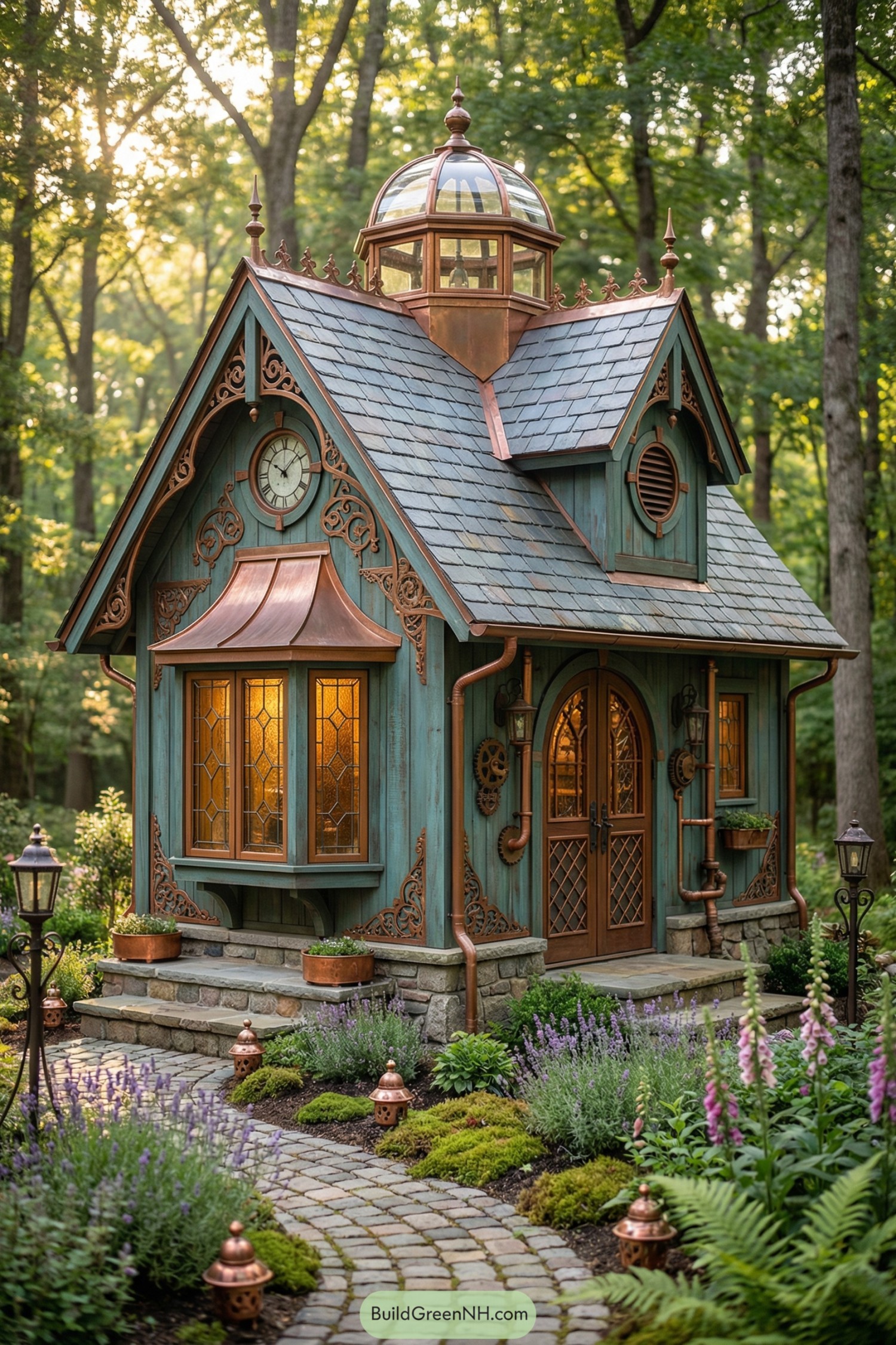 Whimsical teal tiny house with copper trim and domed cupola in a lush forest garden