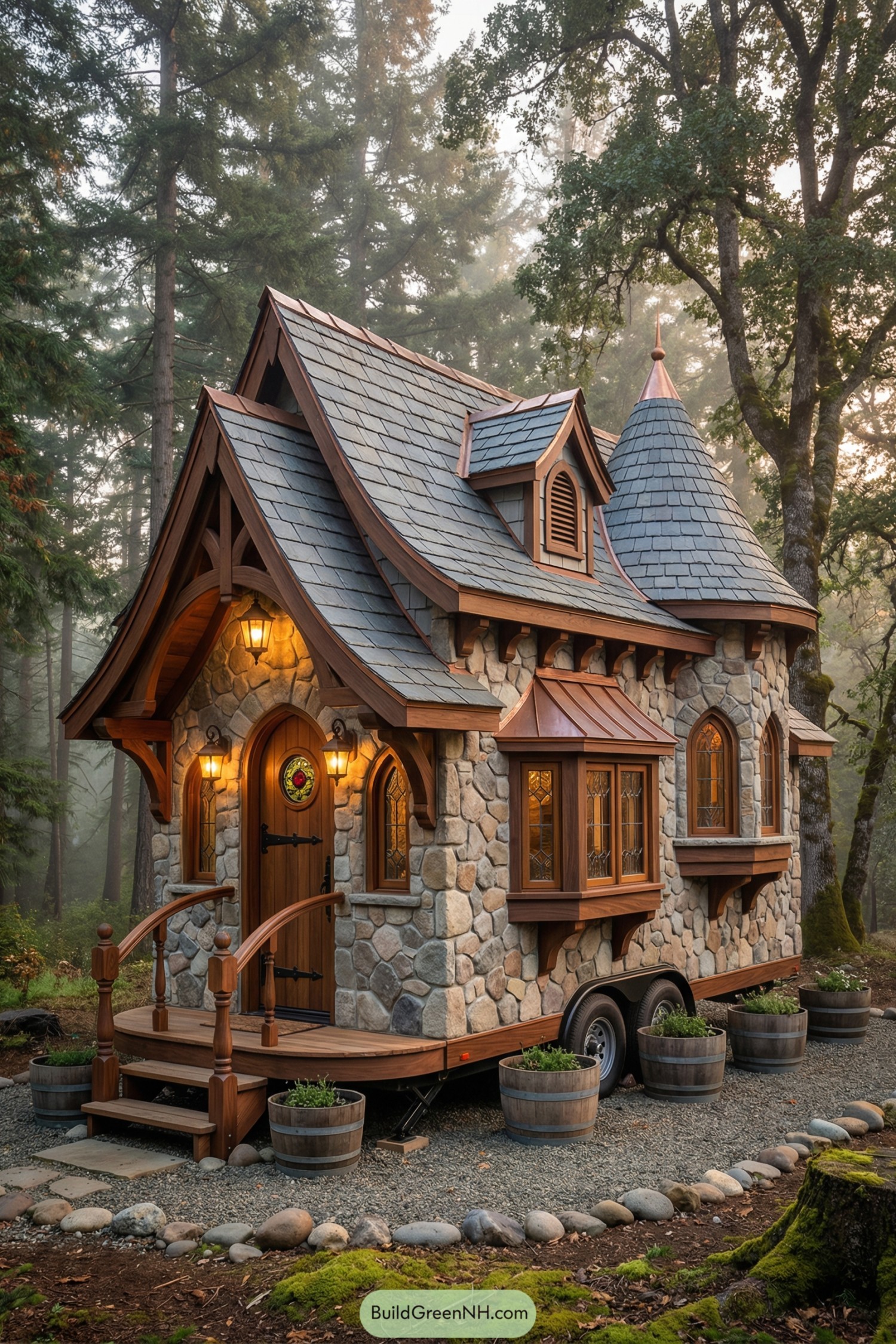 Stone-clad fairytale tiny house on wheels