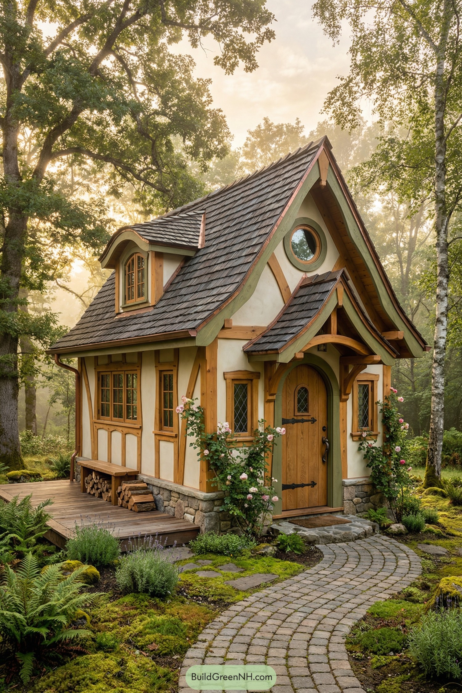 Fairytale timber cottage with curved roof and garden path