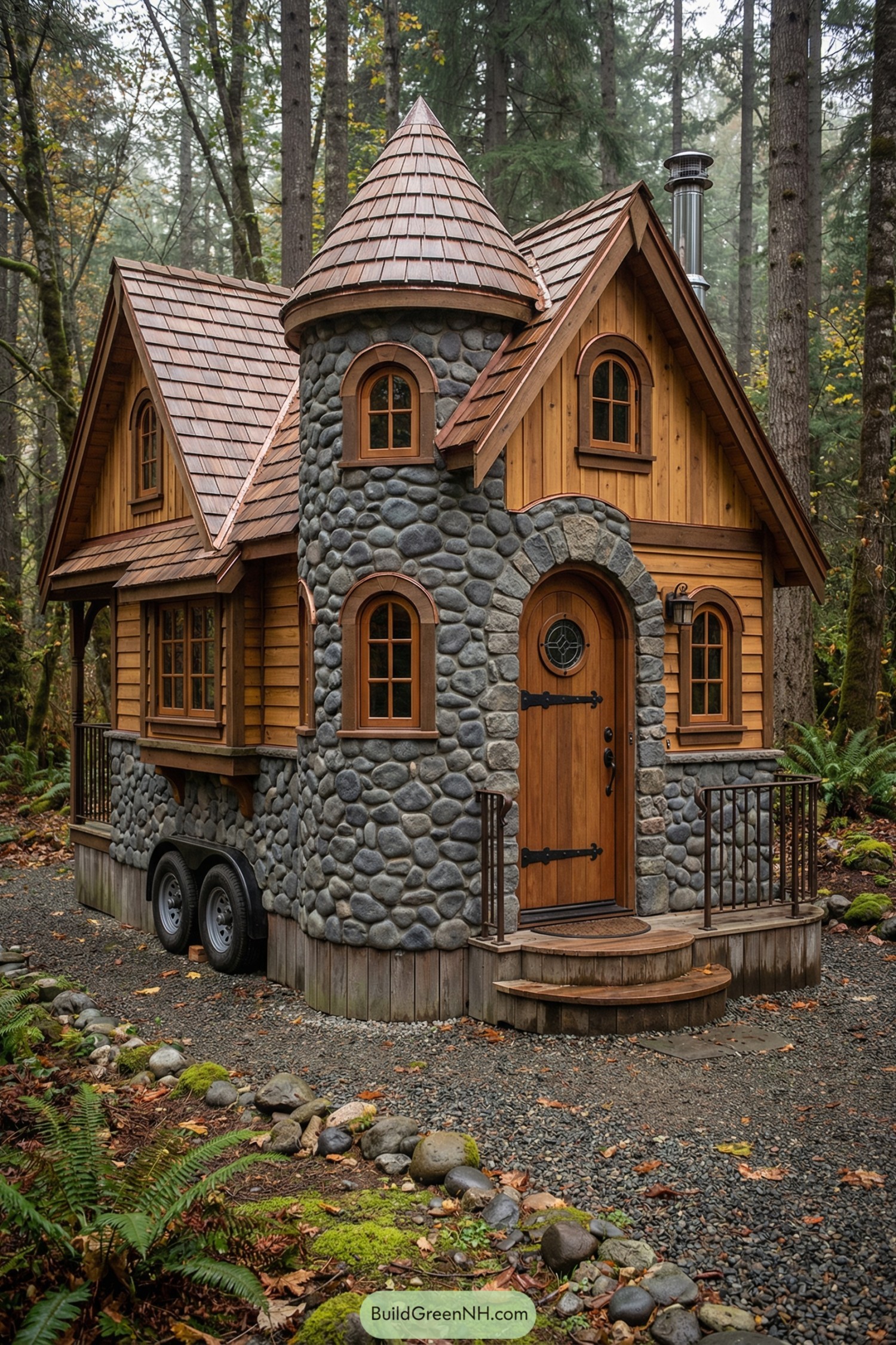 Fairytale-style tiny house with rounded stone turret and wood siding on a wheeled trailer in a forest