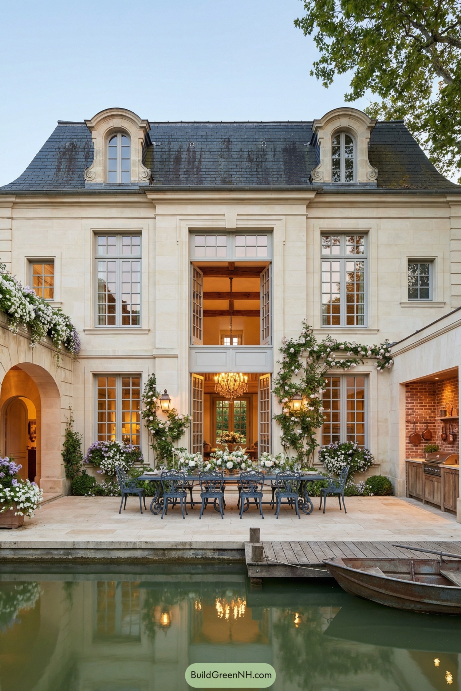 Elegant French courtyard with canal-side dining