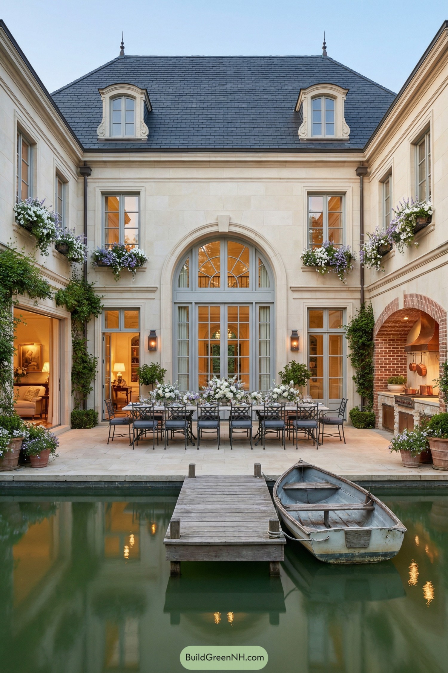 Elegant French courtyard with canal, dock, dining table, and outdoor kitchen