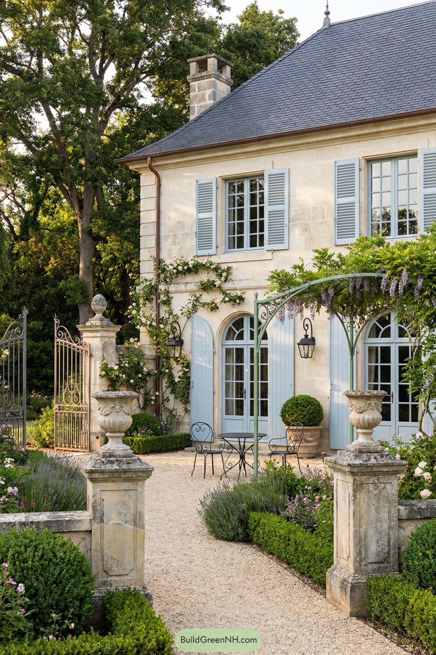Stone manor courtyard with blue shutters, wrought-iron seating, and lush clipped plantings