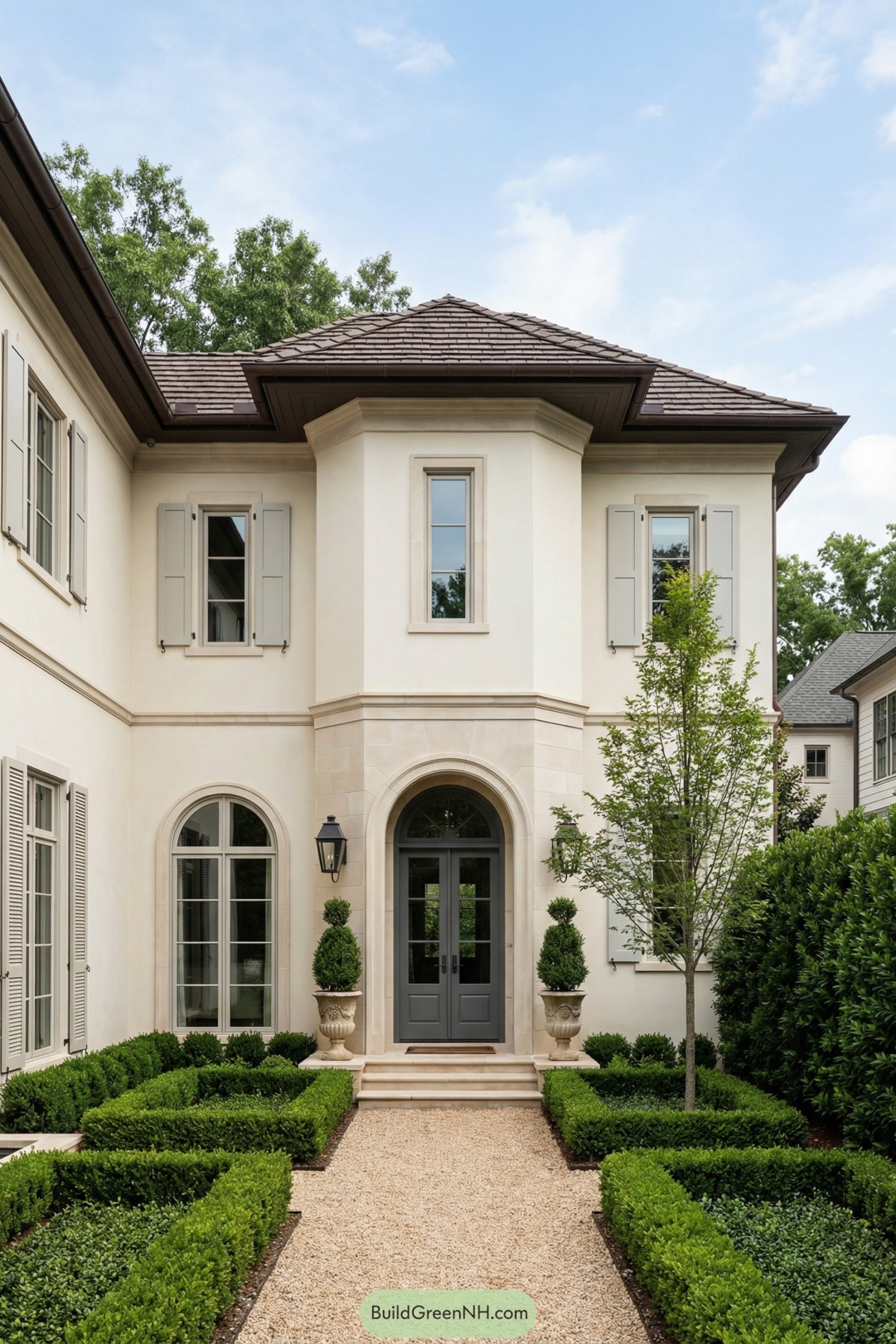 Creamy stucco French façade with arched entry door, gravel path, and clipped boxwood garden beds