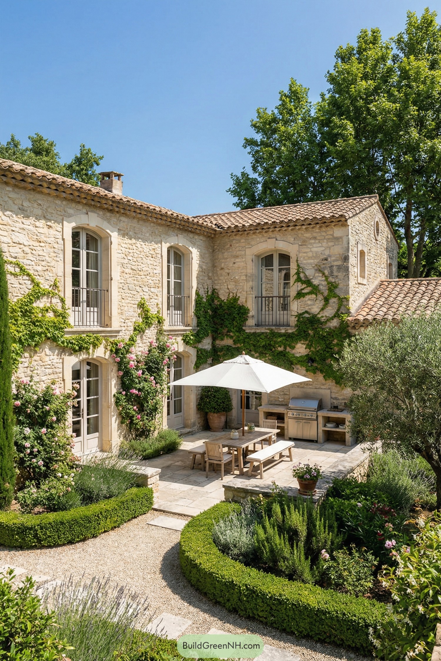 high-res photo of french house courtyard, facade of two-story L-shaped Provençal stone house in light beige limestone blocks, slightly weathered with climbing green ivy and flowering vines, warm neutral color palette with soft cream walls, pale stone trim, and dark gray-brown metal accents, compact rectangular volumes with gabled ends overlooking an intimate central courtyard, traditional clay barrel-tile roof in mixed terra-cotta tones with low pitch and short overhangs, upper windows as tall multi-pane French casements with light frames set in shallow arches and some opening to narrow balconies with dark wrought-iron railings and stone balustrade posts, lower openings as arched multi-pane French doors in pairs recessed into the stone wall, main courtyard surface paved in irregular pale flagstone forming a central terrace, wooden outdoor dining set with a large white canvas umbrella, built-in outdoor kitchen in matching stone with stainless-steel grill and counter along one side, curving low boxwood hedges framing the terrace and defining paths, gravel ground with a meandering stepping-stone path of flat flagstones, dense planting beds with lavender, rosemary, and mixed Mediterranean shrubs and pink roses, mature olive tree and layered shrubs softening the edges of the building, background of tall leafy trees forming a green canopy against a clear blue sky, viewpoint slightly elevated looking obliquely into the courtyard. real-life photo, high-resolution, architectural photography, soft lighting, cinematic composition.
