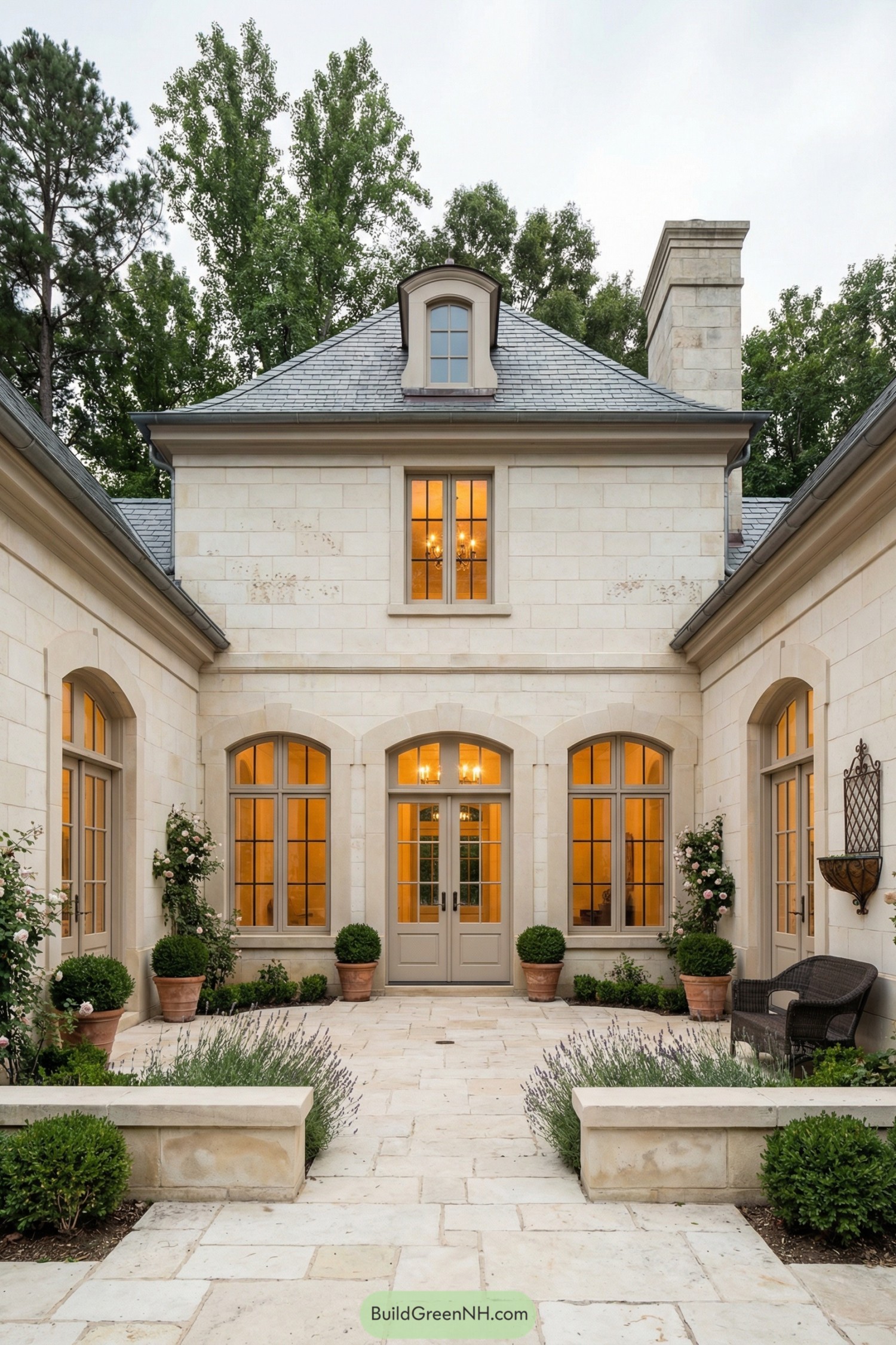 Stone courtyard with pale limestone walls and glowing French doors