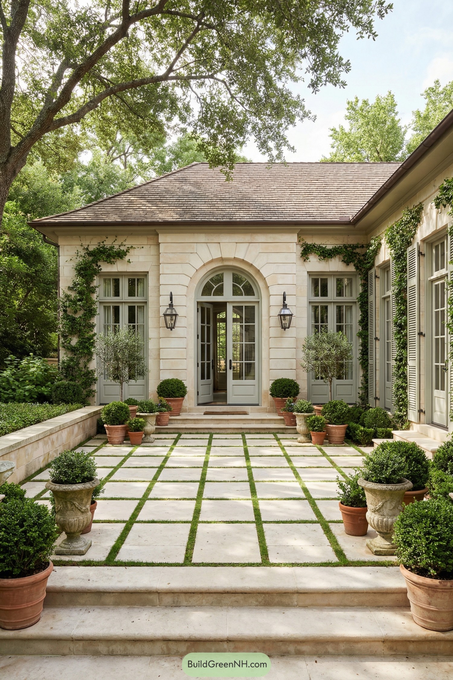 Elegant French courtyard with stone pavers, ivy walls, and terracotta pots of sculpted shrubs