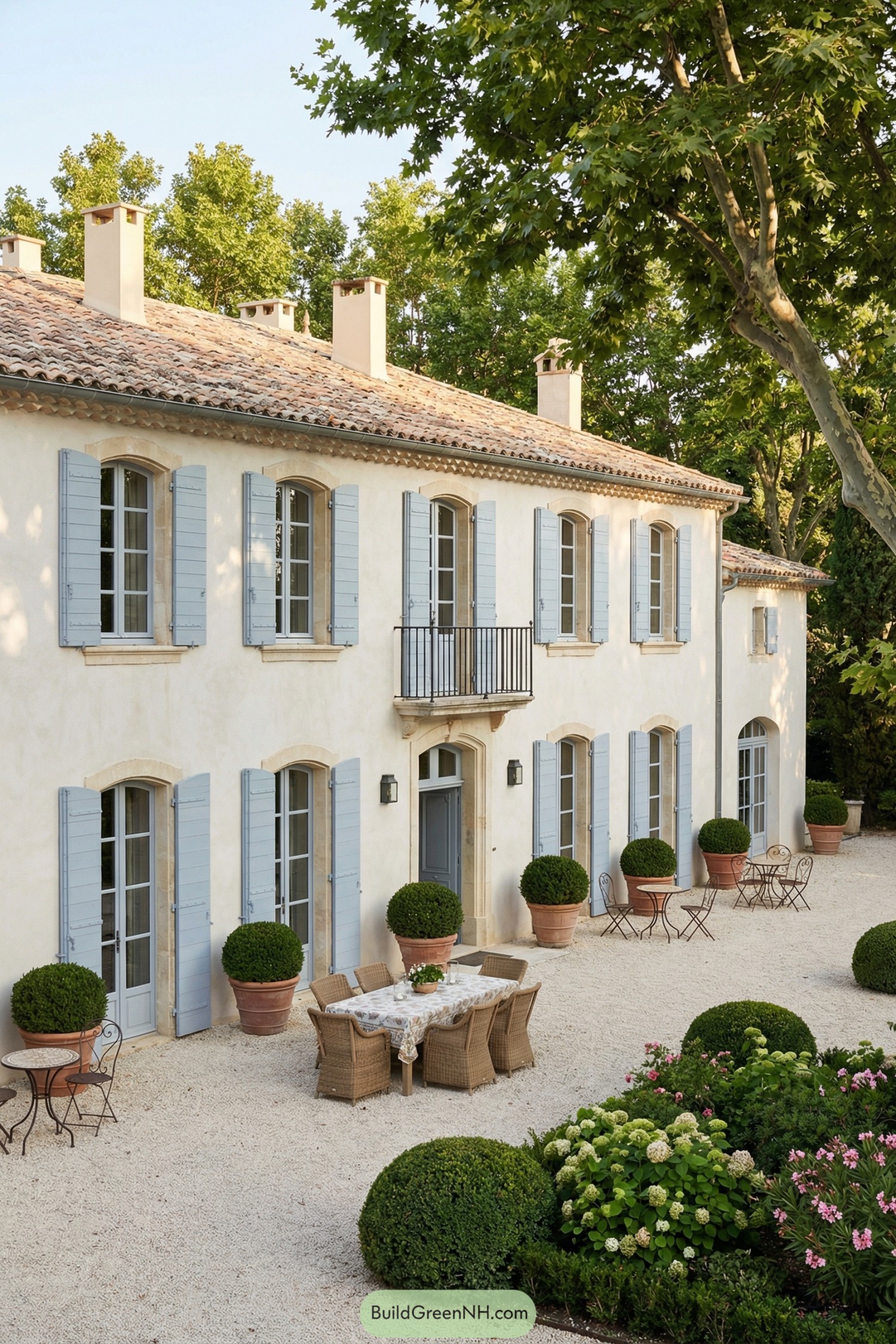 Creamy stucco French manor with blue shutters, gravel courtyard, potted topiaries, and outdoor dining