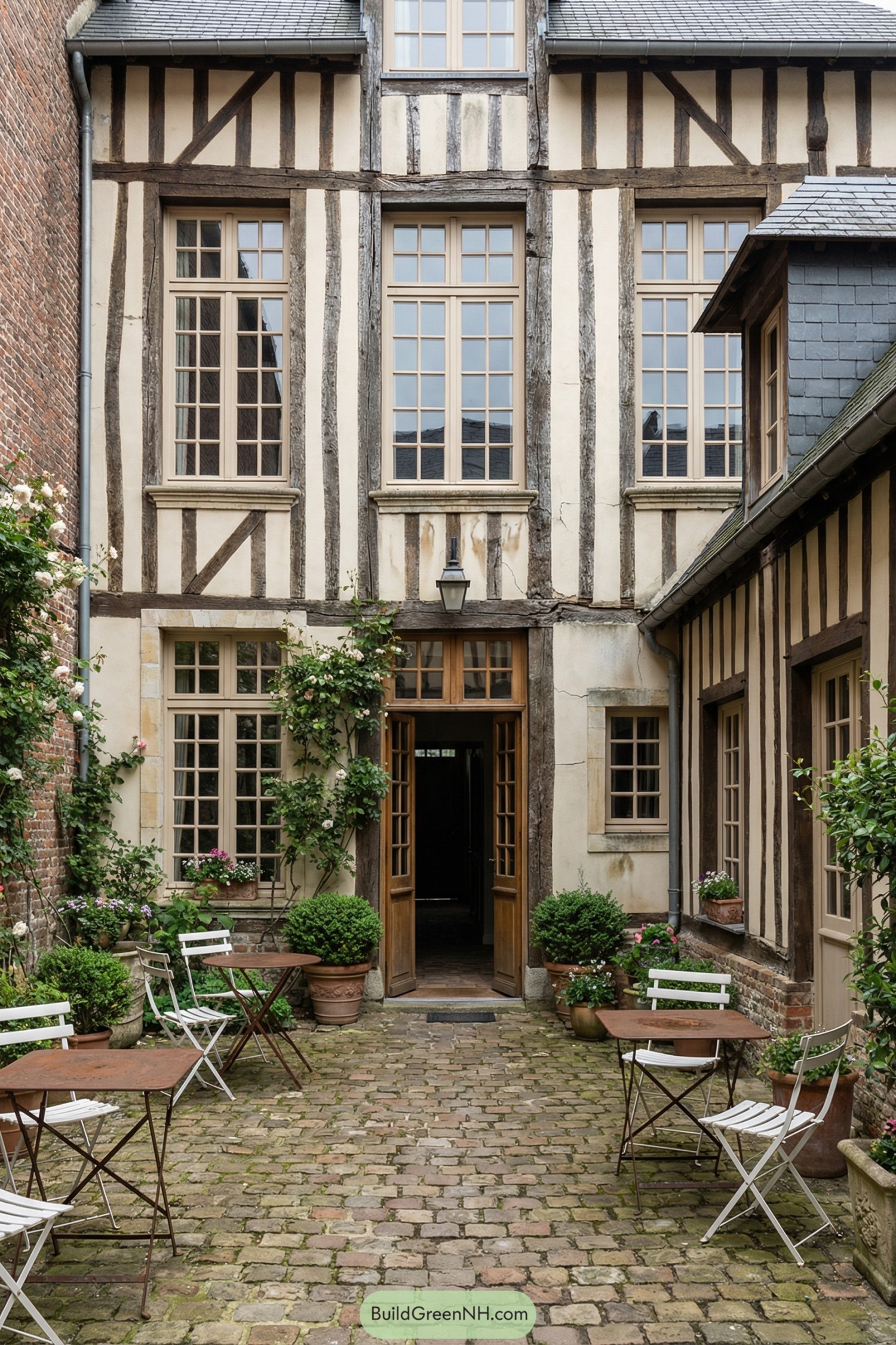 Narrow cobbled courtyard with timbered house façade and bistro seating