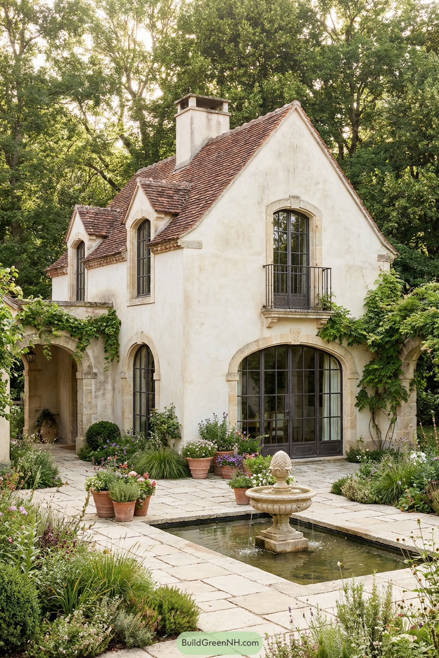 French stone courtyard with fountain and vines