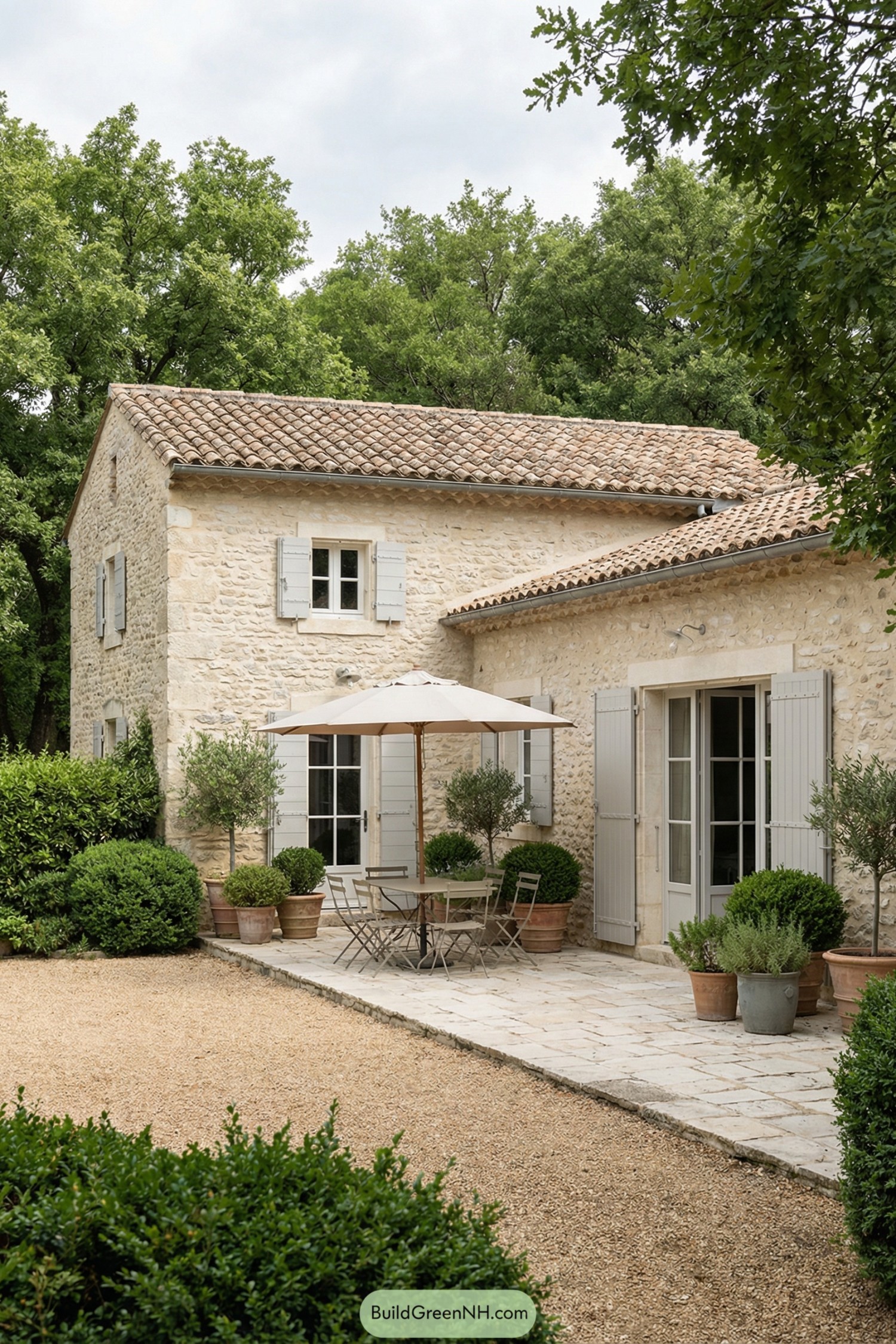 Stone farmhouse courtyard with gravel ground, pale shutters, potted shrubs, and a small dining set under an umbrella