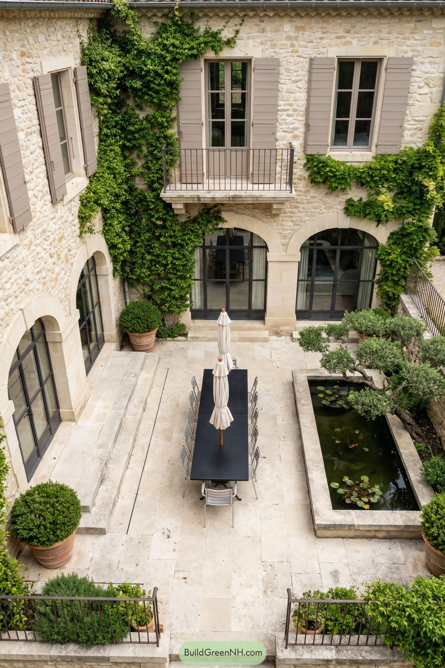 Stone courtyard with long dining table beside narrow lily pond and ivy-covered French manor walls