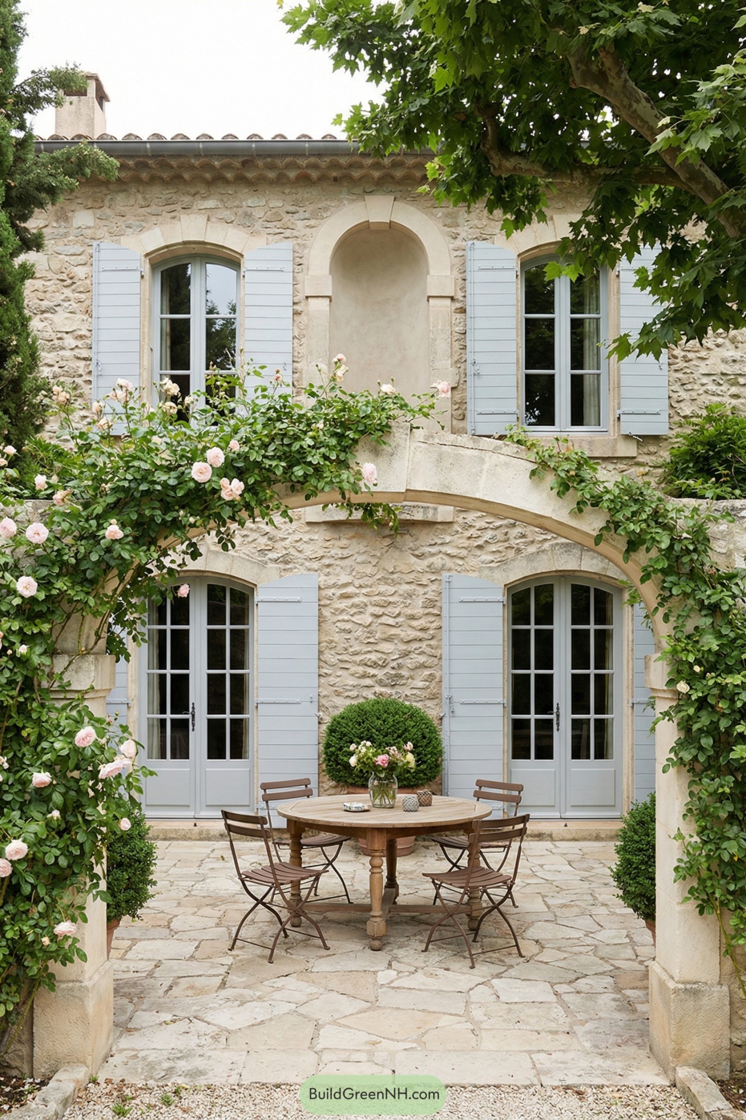 Stone courtyard with bistro table beneath vine-draped stone arch and pale blue-shuttered French house