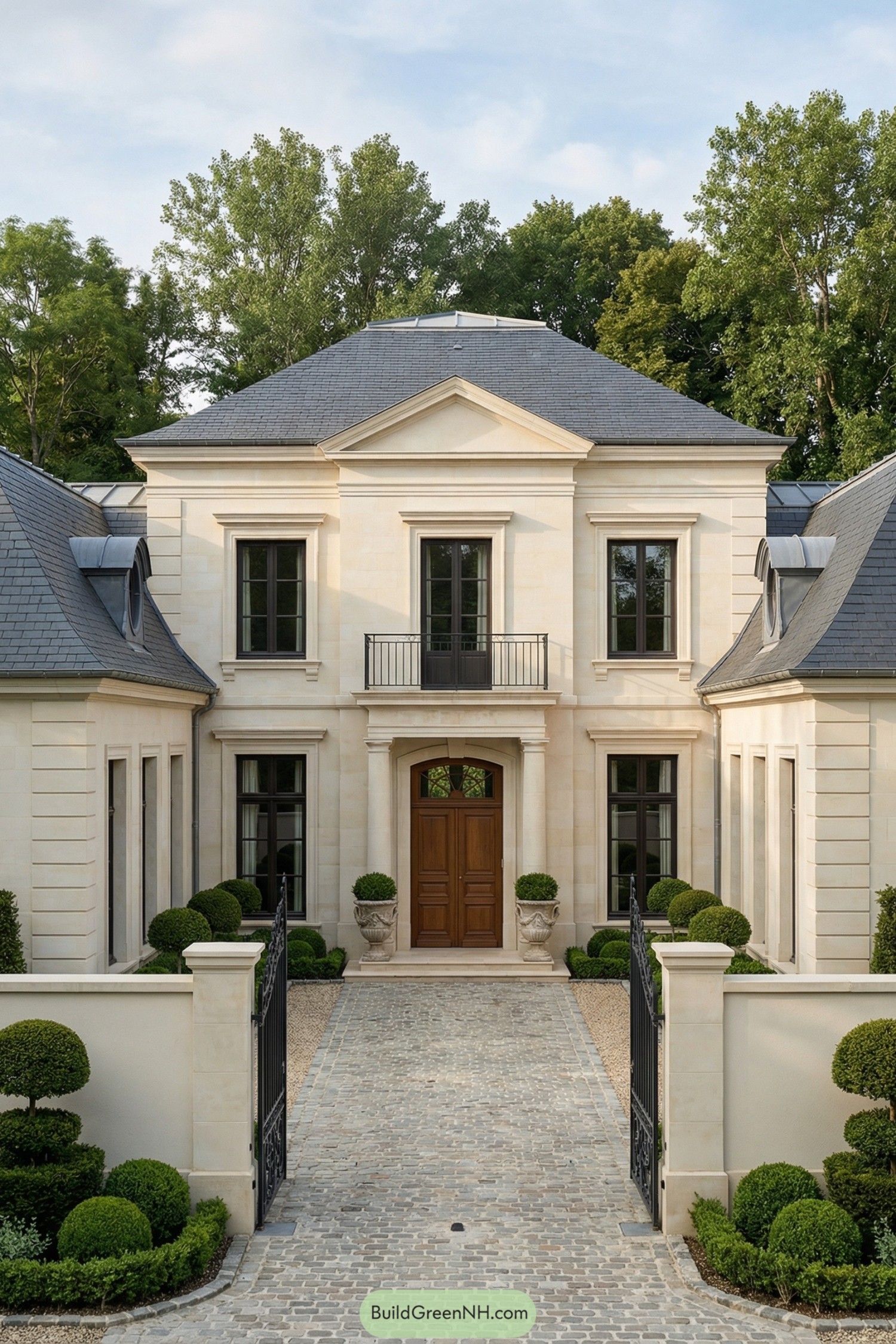 Neoclassical French courtyard with cobblestone drive, boxwood topiaries, and limestone manor