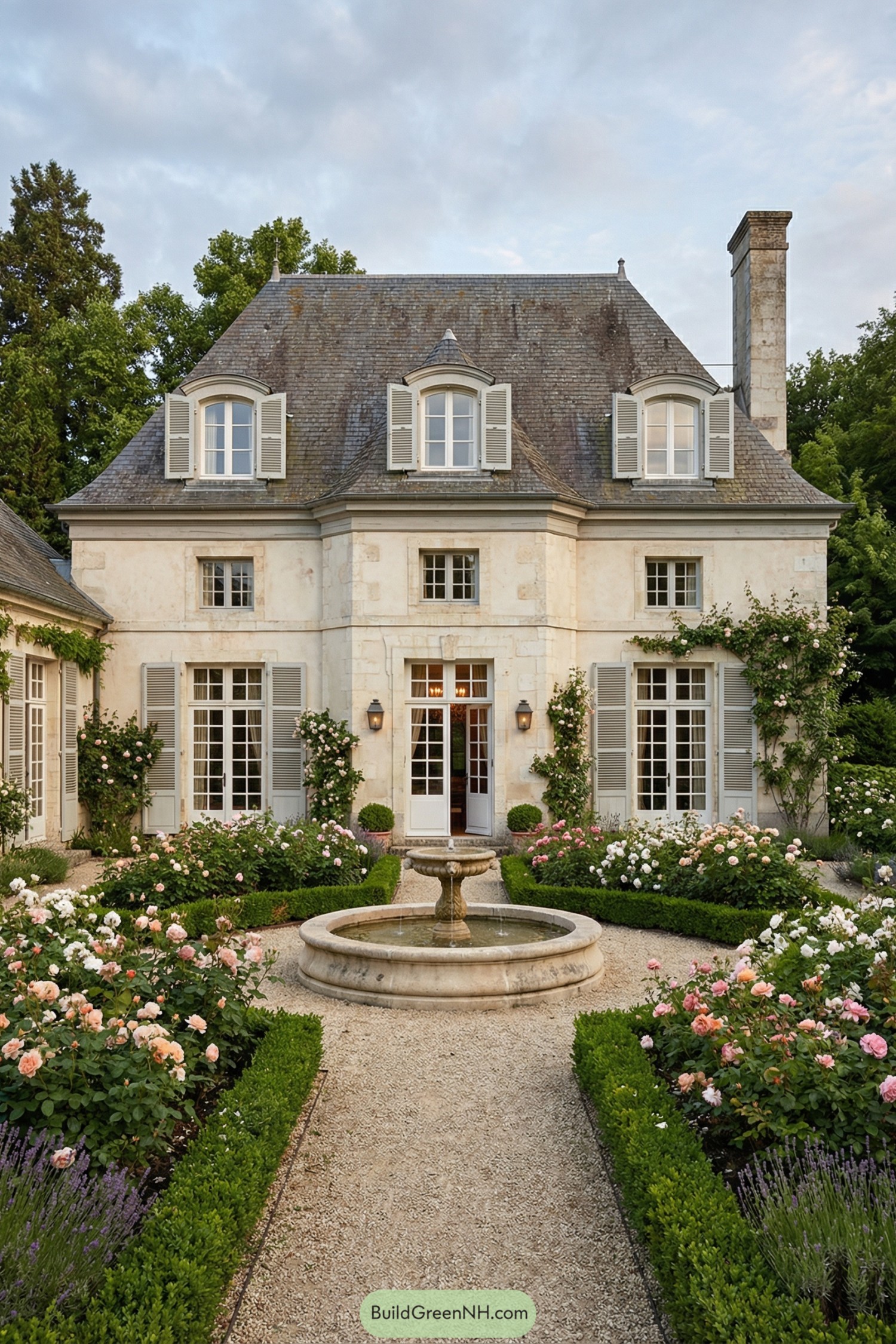 Stone French manor courtyard with central fountain, boxwood borders, and abundant roses