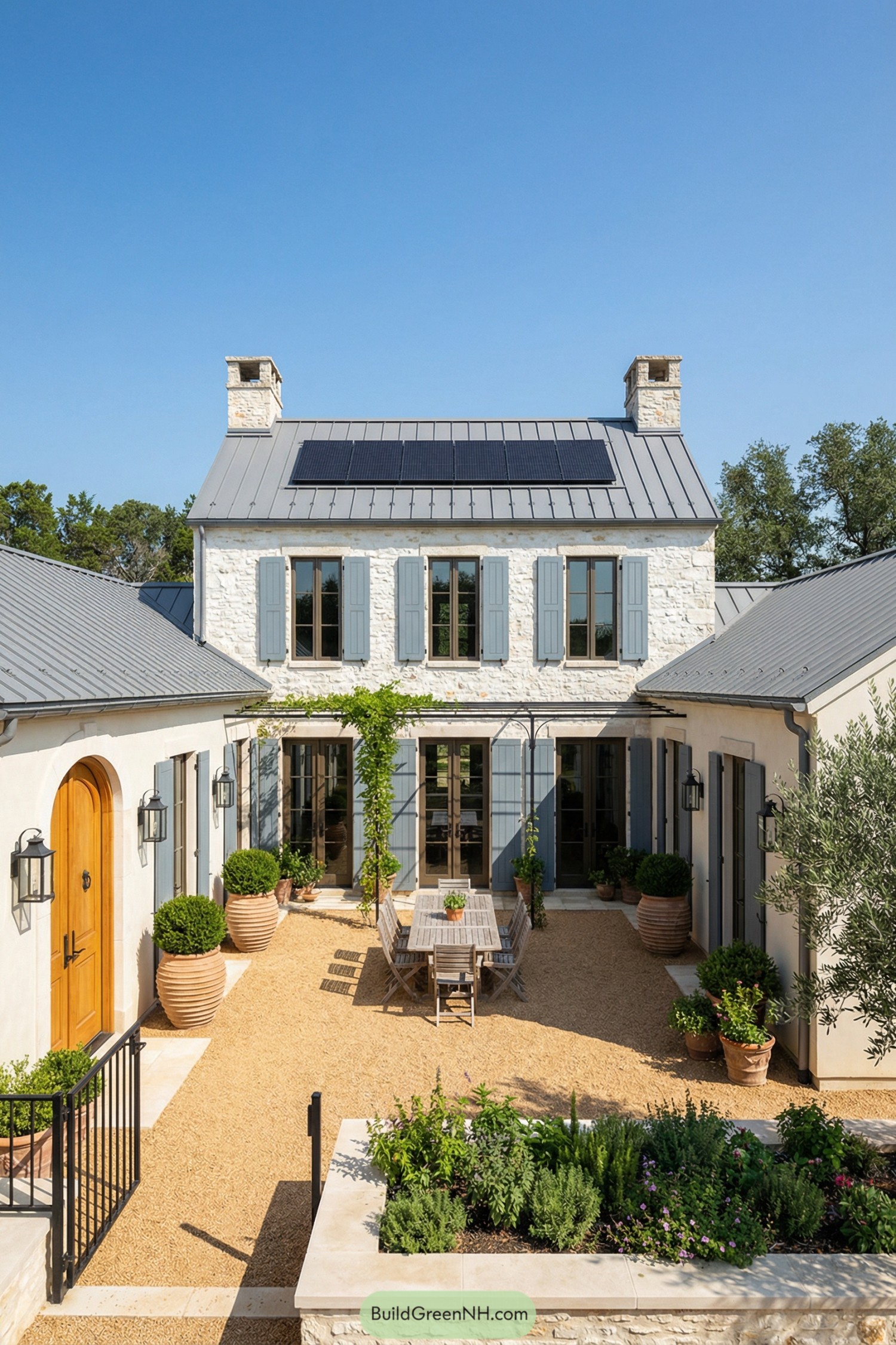 Stone farmhouse courtyard with gravel dining area, blue shutters, planters, and central herb bed