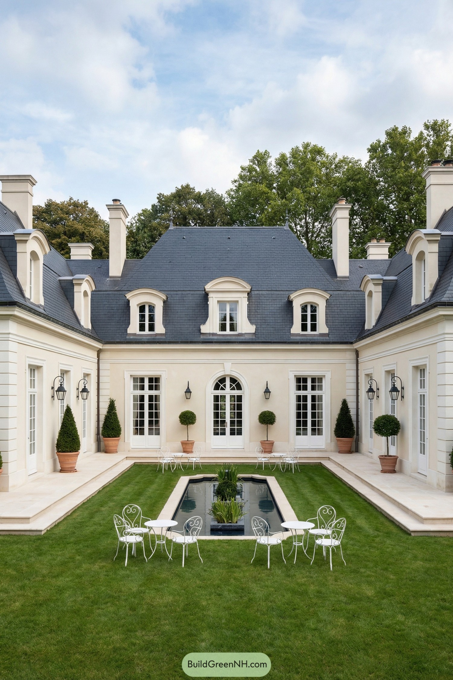 Symmetrical French courtyard with central reflecting pool and white bistro seating