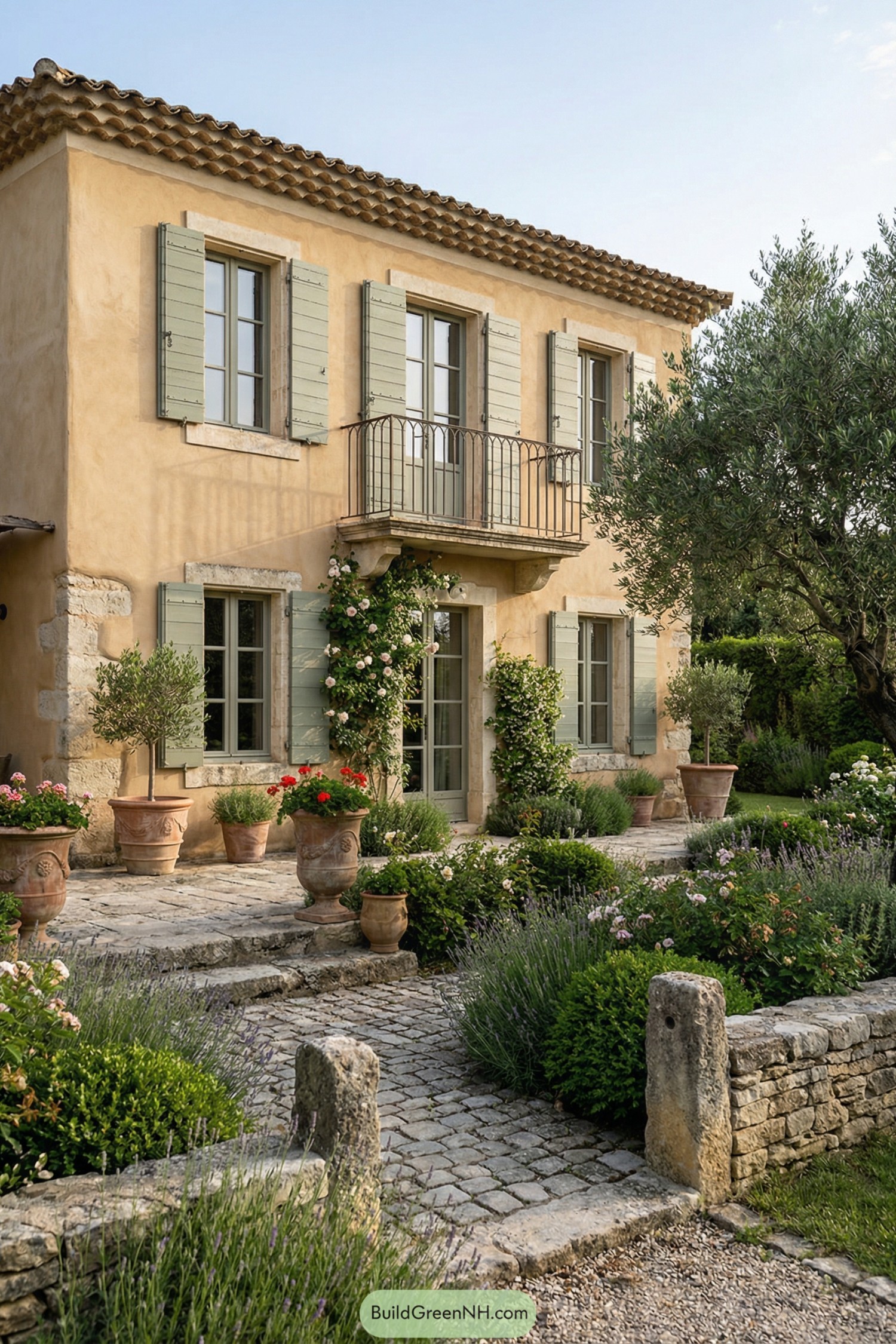 Stone farmhouse courtyard with lavender borders, potted olives, and sage-green shutters