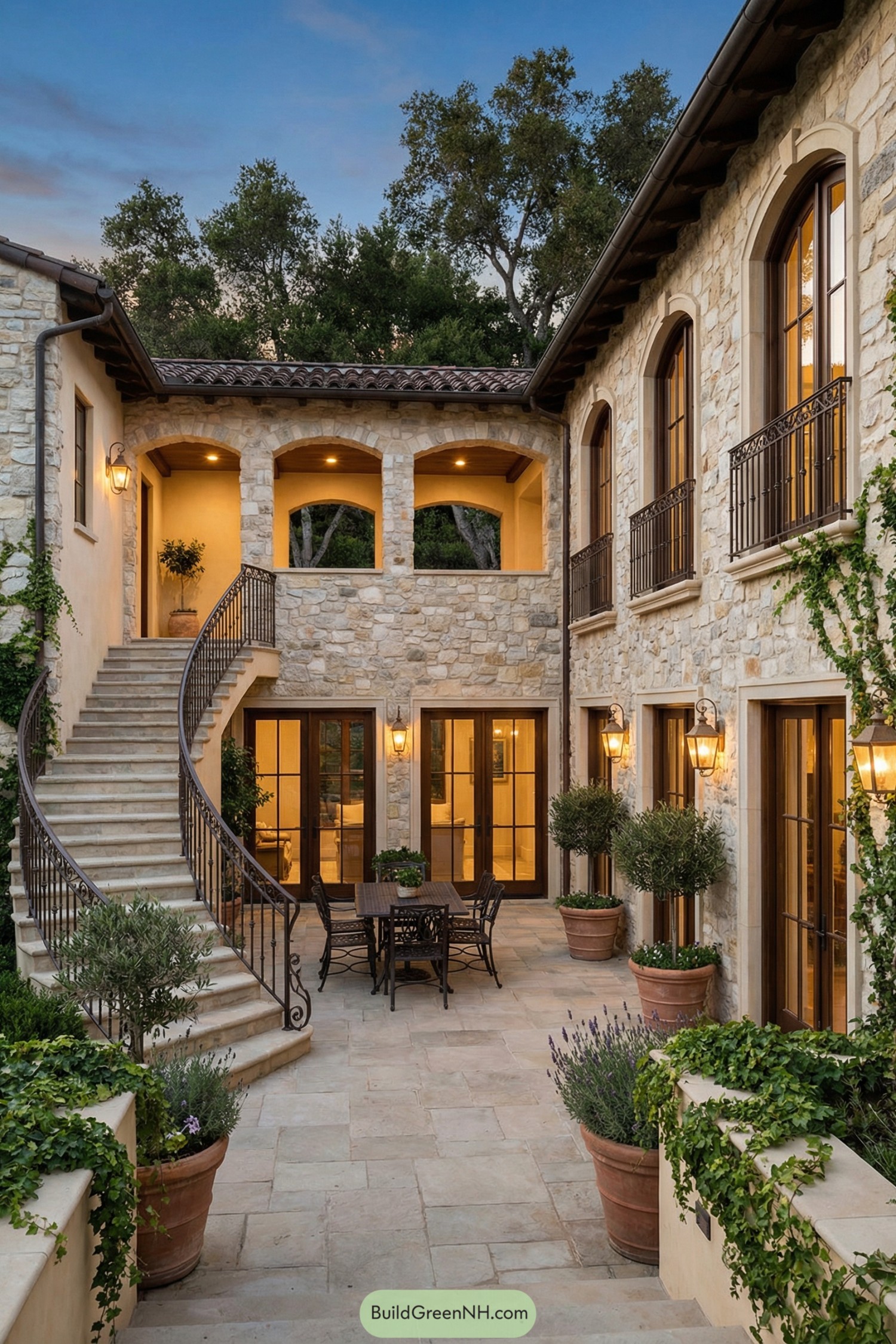 Warm stone courtyard with arched gallery, curved staircase, and potted greenery around an outdoor dining set