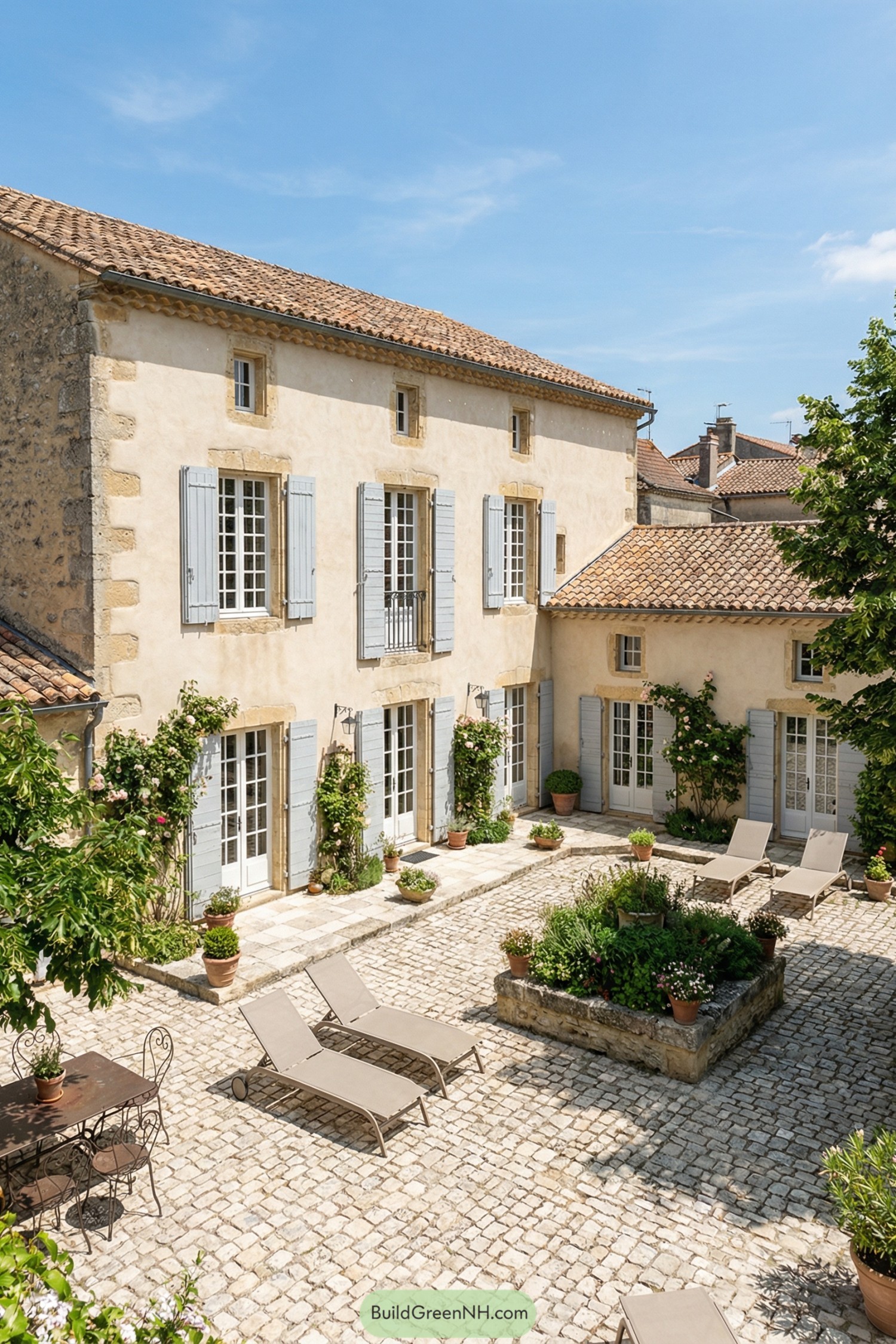 Sunny French courtyard with cobblestones loungers and potted greenery