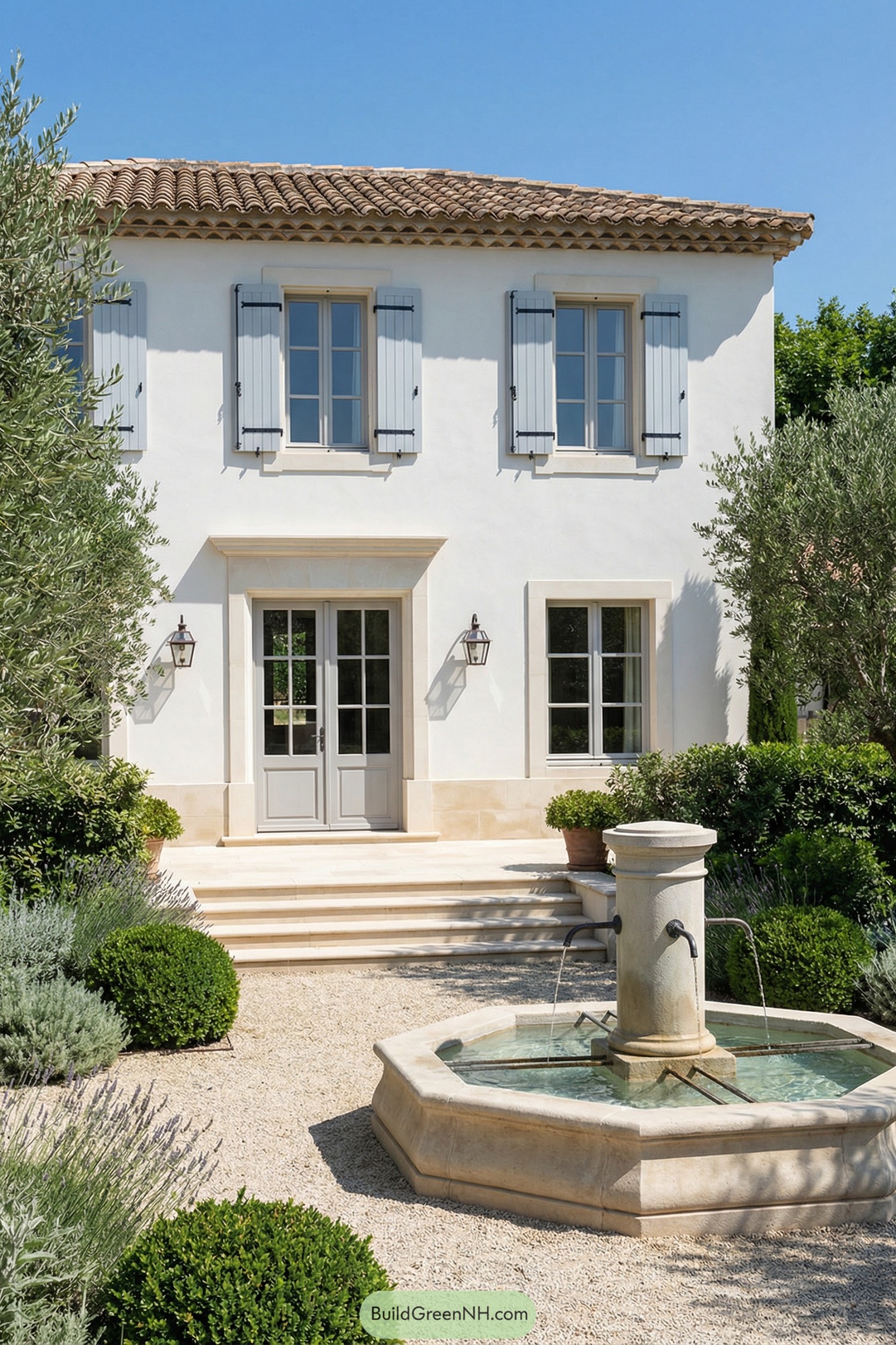 Sunny French courtyard with central stone fountain