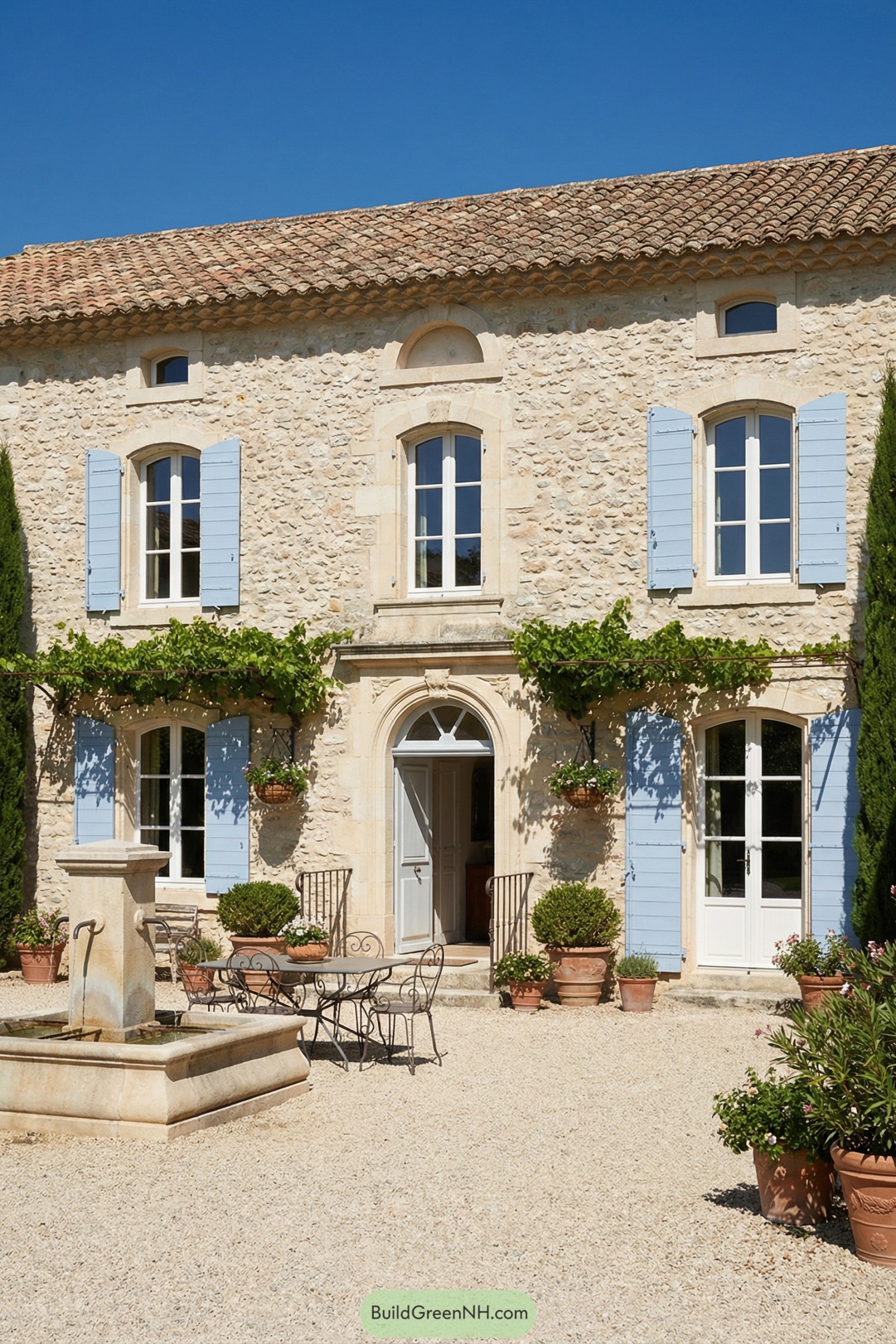 French stone farmhouse courtyard with blue shutters, gravel ground, fountain, and bistro seating