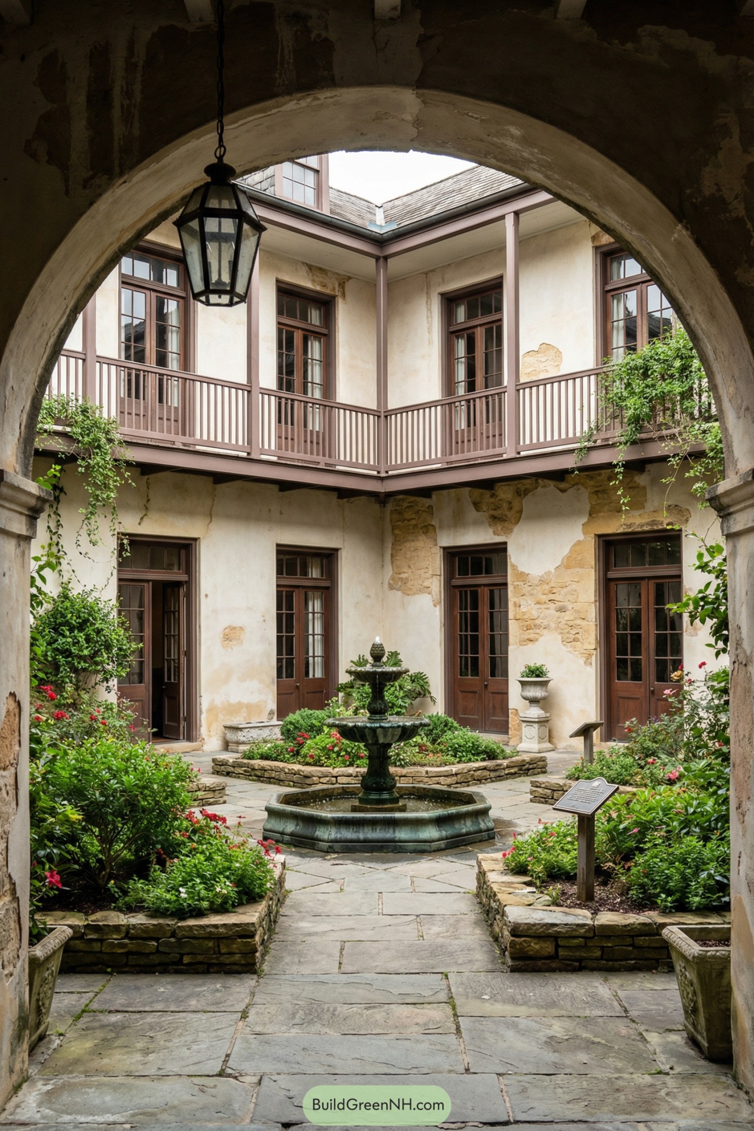 Aged French courtyard with central fountain and surrounding balcony