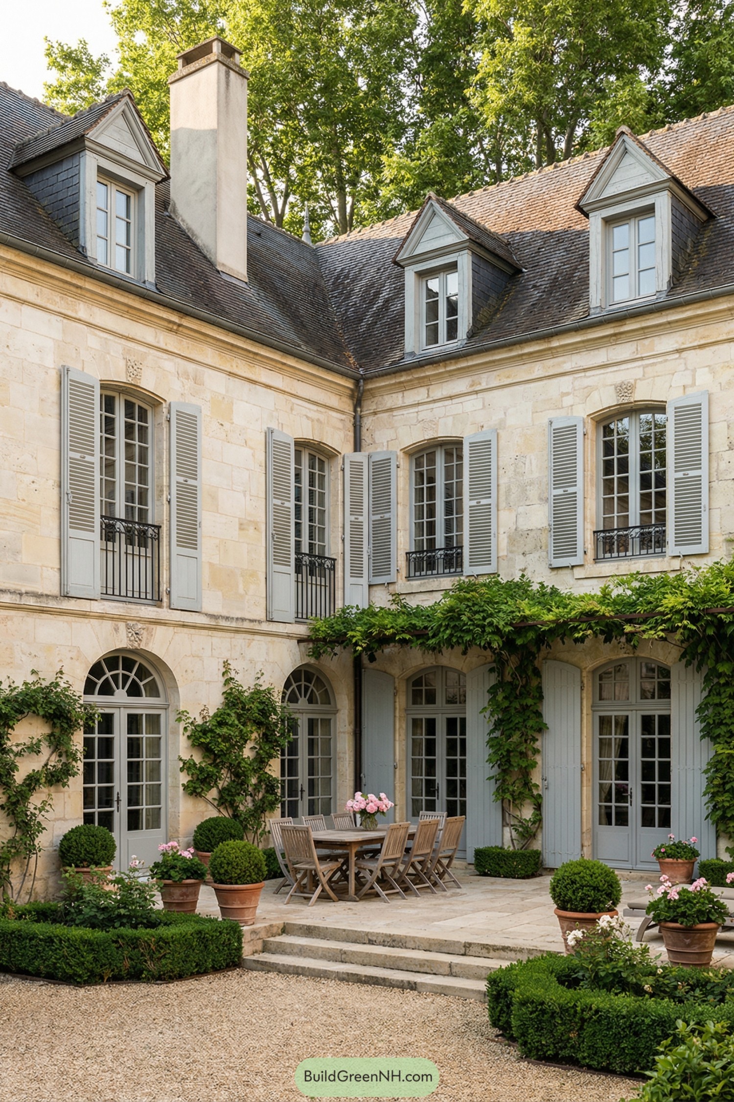 Cream stone French courtyard with blue-gray shutters, vines, gravel, and a central wooden dining set
